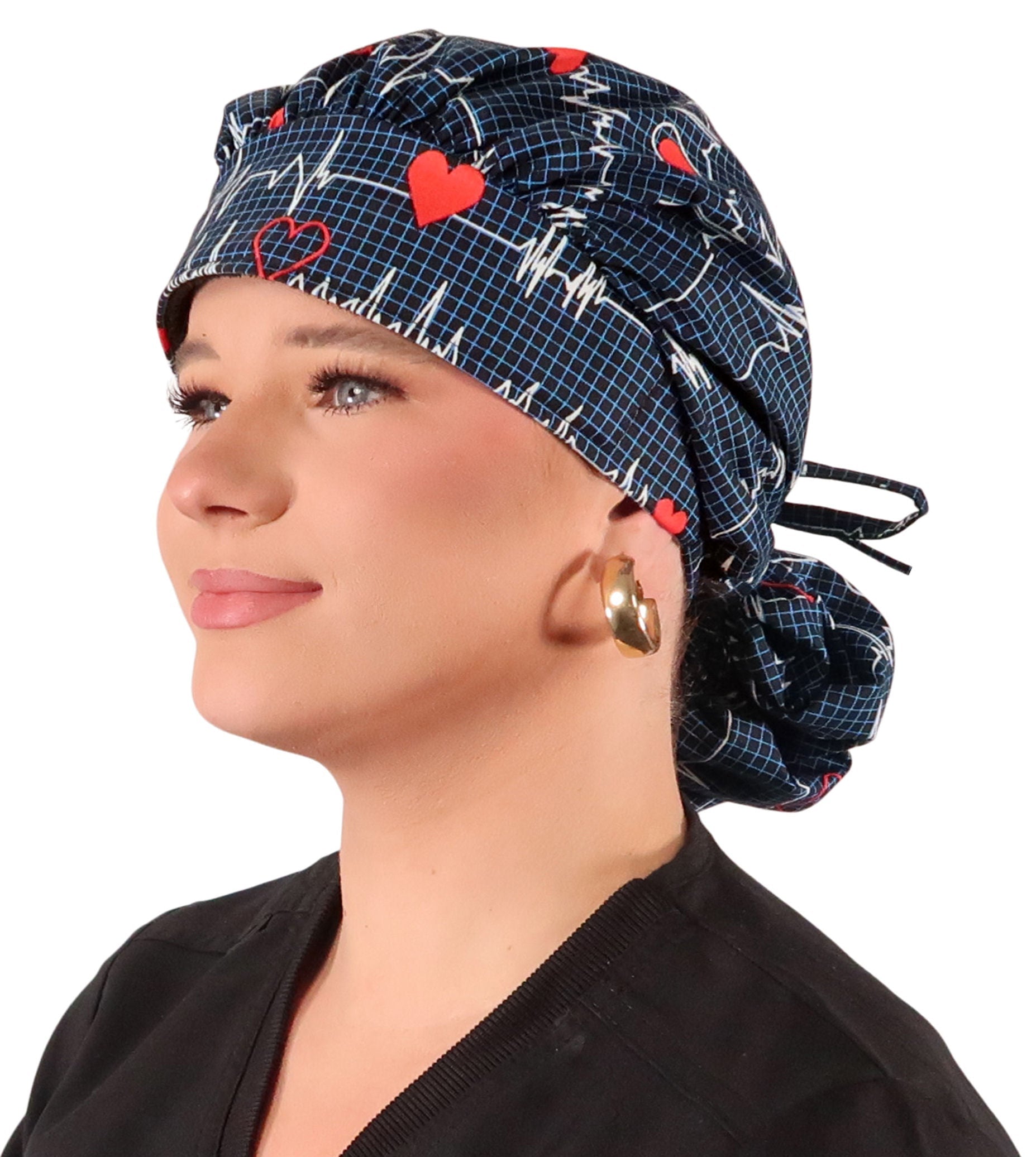 Front Facing Tied View of a Woman Wearing a Tied Back Banded Bouffant Ponytail Surgical Scrub Cap - Heartbeats on Navy Patterned Fabric