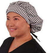 Banded Bouffant Surgical Scrub Cap - Black & White Checks with Black Ties