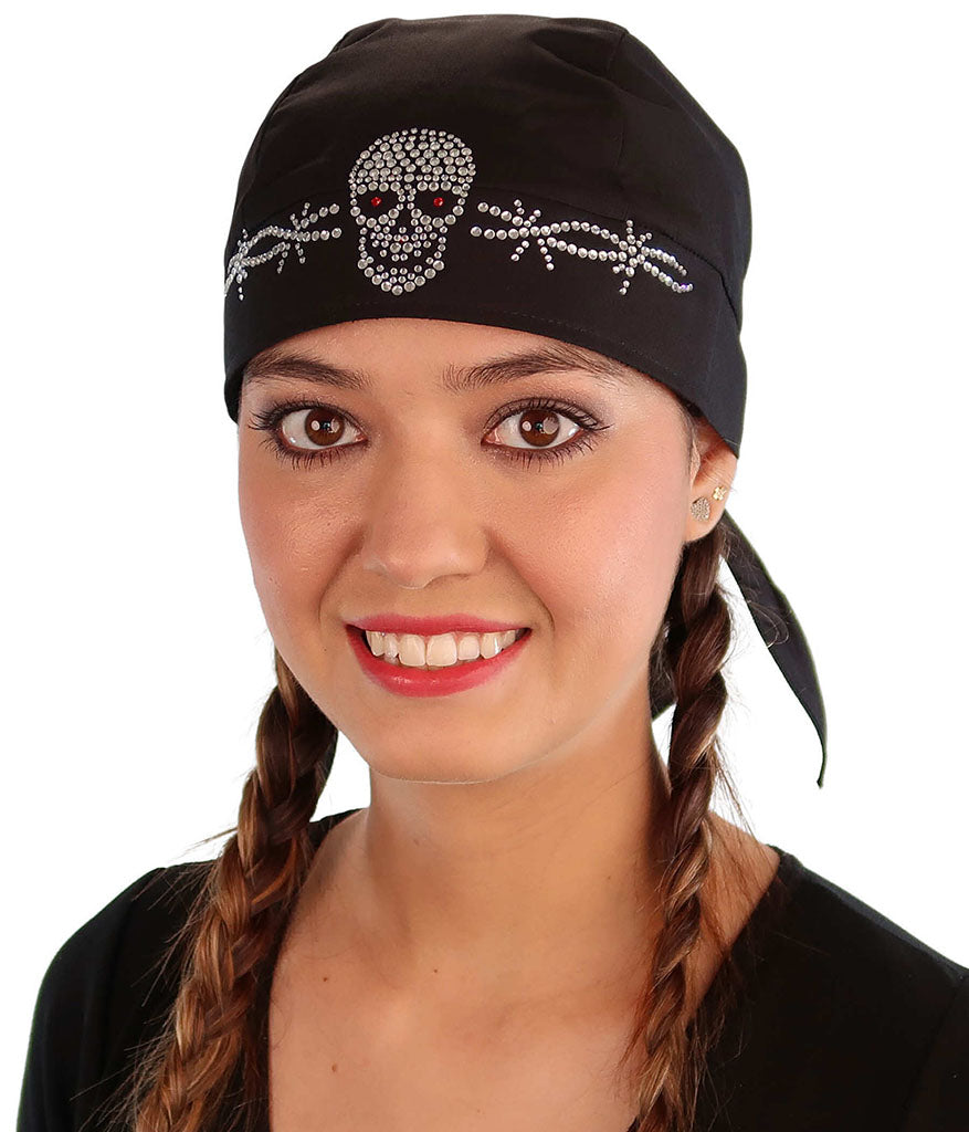 Embellished Skull Caps: Unique Headwear - Black Skull Cap with Skull & Barbed Wire Rhinestud/Stone Design Classic Skull
