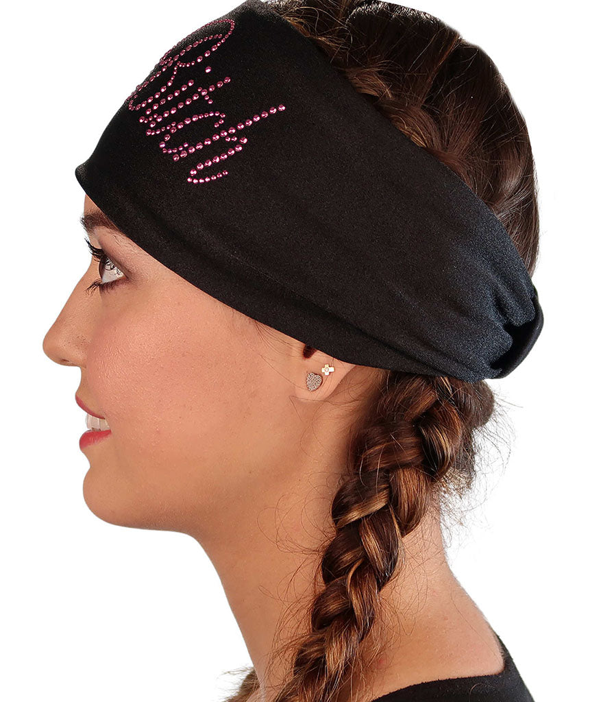 Embellished Reversible Stretch Headband – Stylish, Comfortable &amp; USA-Made -  Black Headband with Dark Pink Fancy Crazy Bitch Rhinestud Design - Stretch Headbands - Sparkling EARTH