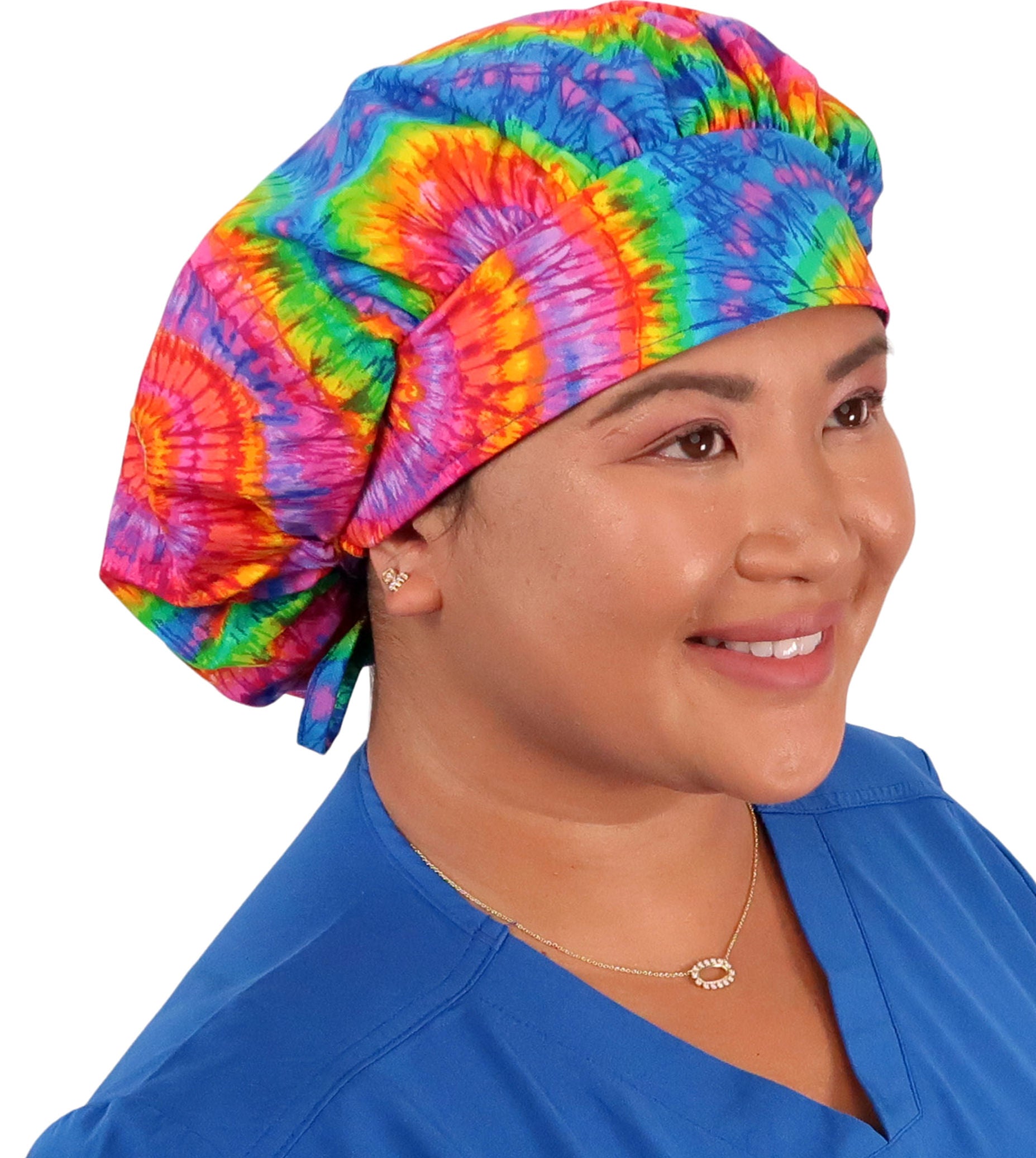 Front Facing Untied View of a Woman Wearing a Tied Back Banded Bouffant Ponytail Surgical Scrub Cap - Tie Dye Patterned Fabric
