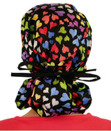 Big Hair Surgical Scrub Cap - Playful Hearts with Black Ties
