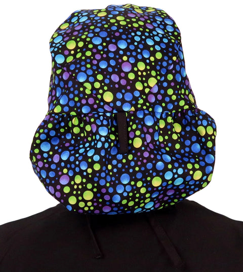 Big Hair Ponytail Surgical Scrub Cap - Perfect Scrub Cap for Long Hair - Blue, Green & Purple Dots with Black Ties