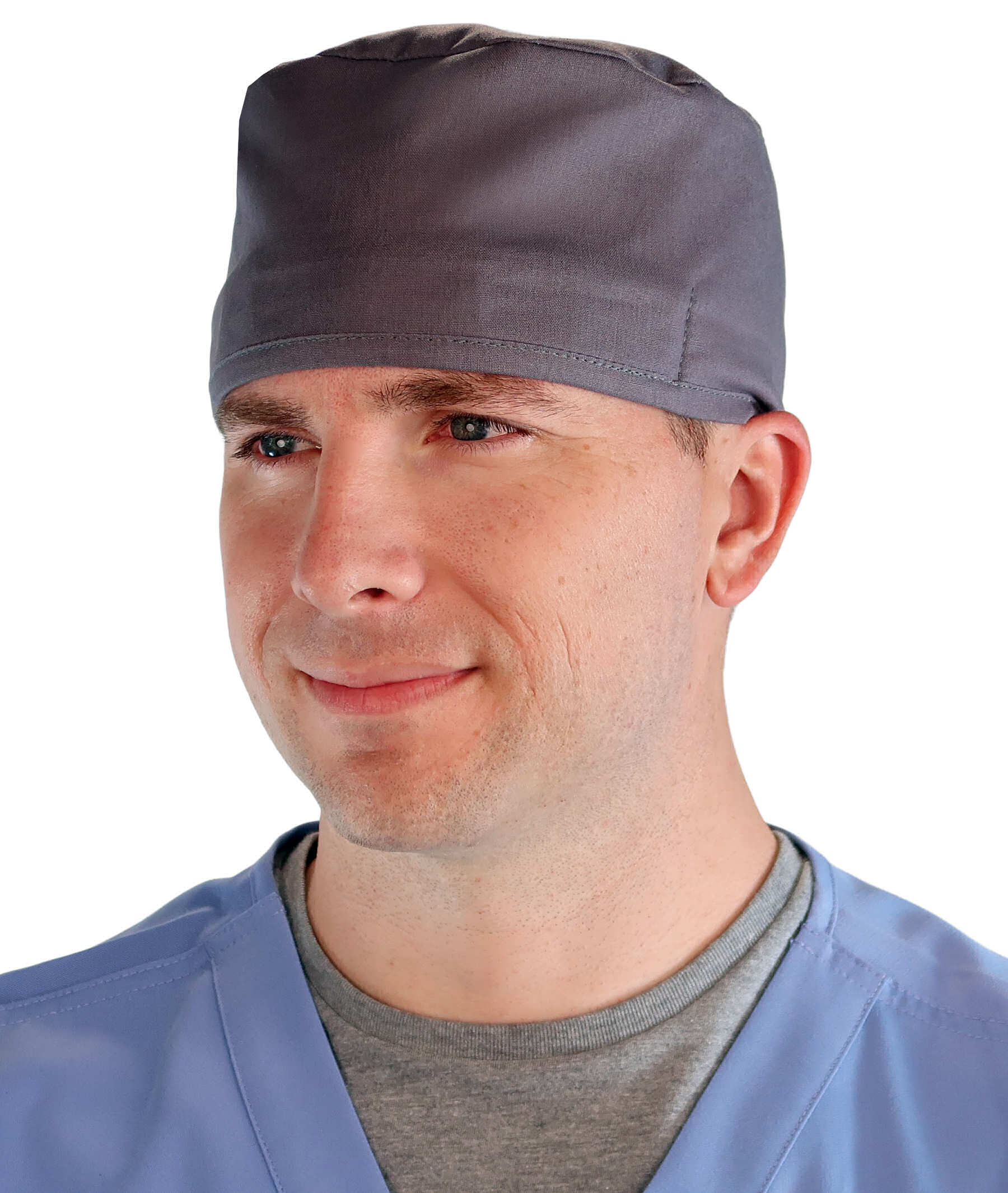 Front Facing View of a Man Wearing a Classic Cotton Surgical Scrub Cap - Solid Grey Scrub Cap