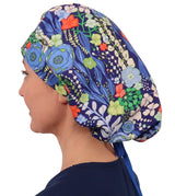 Banded Bouffant Surgical Scrub Cap - Flowing Blue Florals with Royal Ties