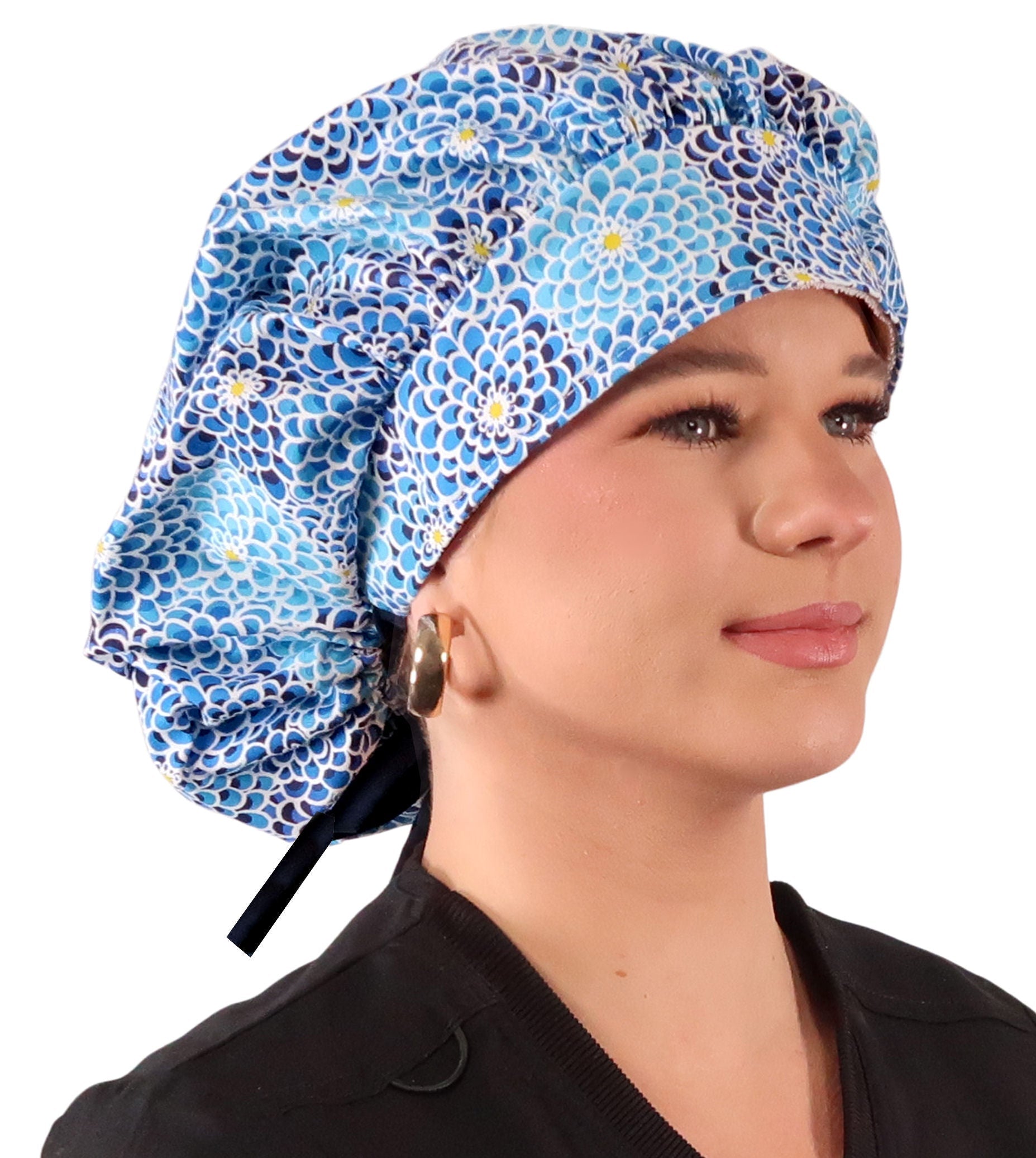 Stylish American Made Banded Bouffant Ponytail Scrub Cap - Blue Dahlia Dreams with Navy Ties Banded Bouffant Surgical