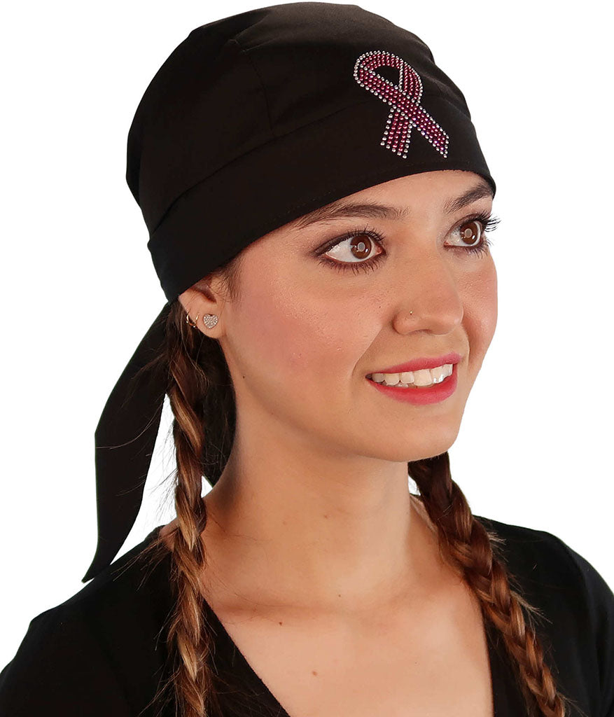 Embellished Skull Caps: Stylish and Unique Headwear - Black Skull Cap with Pink Ribbon Rhinestud/Stone Design