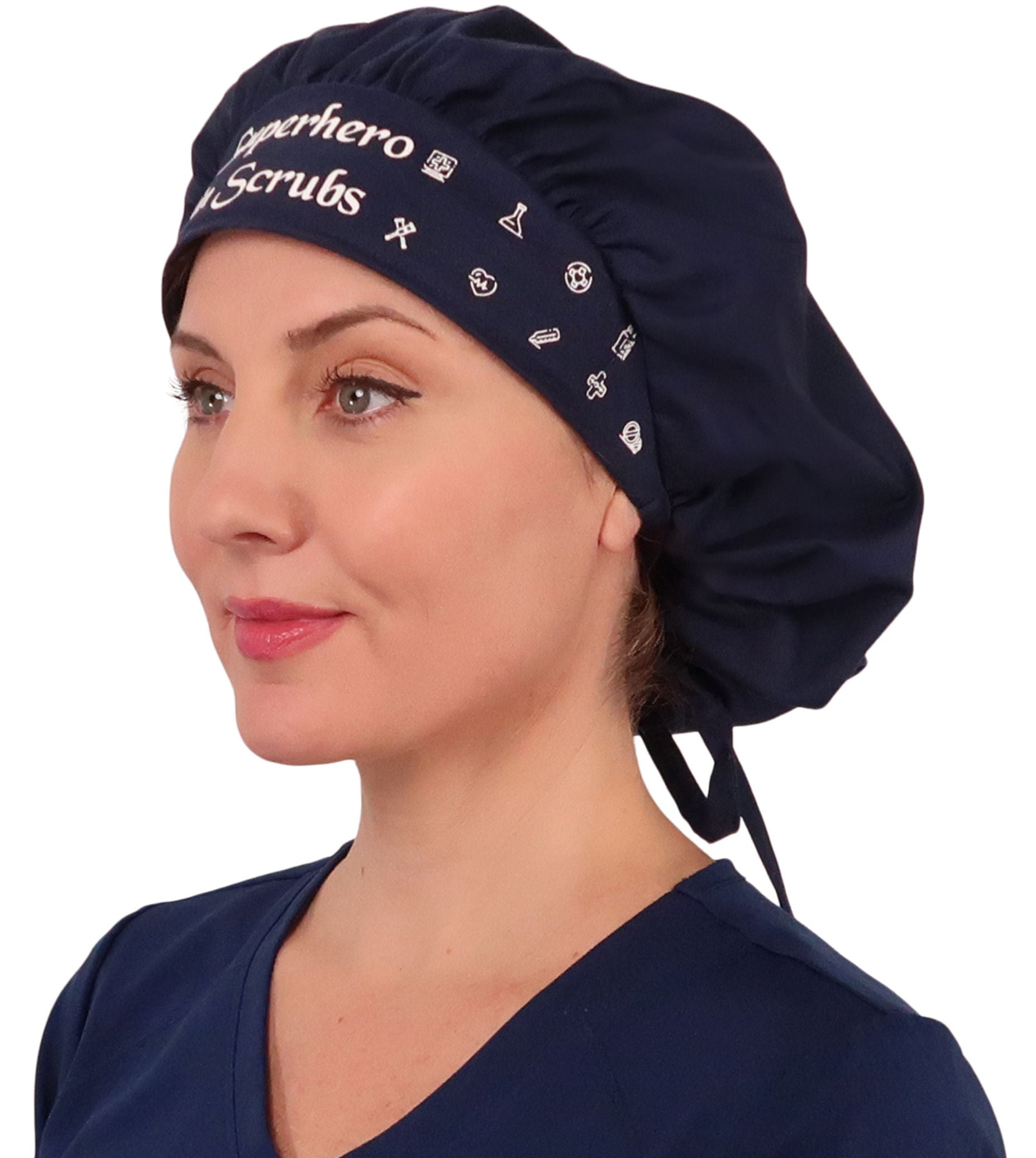 Front Facing Untied View of a Woman Wearing a Banded Bouffant Ponytail Surgical Scrub Cap - Superhero in Scrubs on Navy Fabric 