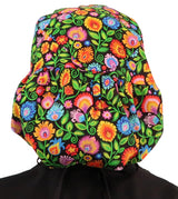 Big Hair Surgical Scrub Cap - Gorgeous Garden with Black Ties