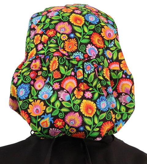 Big Hair Surgical Scrub Cap - Gorgeous Garden with Black Ties