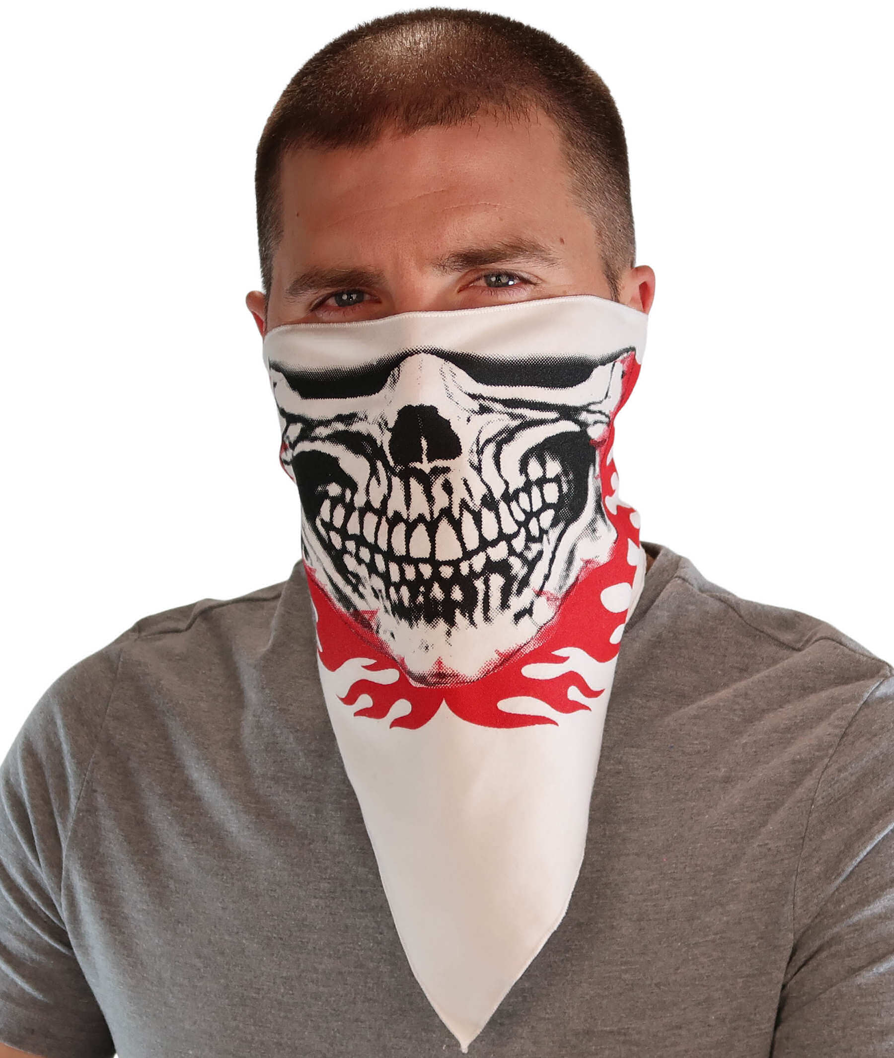 Cotton Biker Tri-Danna Face Mask: Style Comfort and Protection - Skull Jaw with Red Flames Tri-Danna Masks