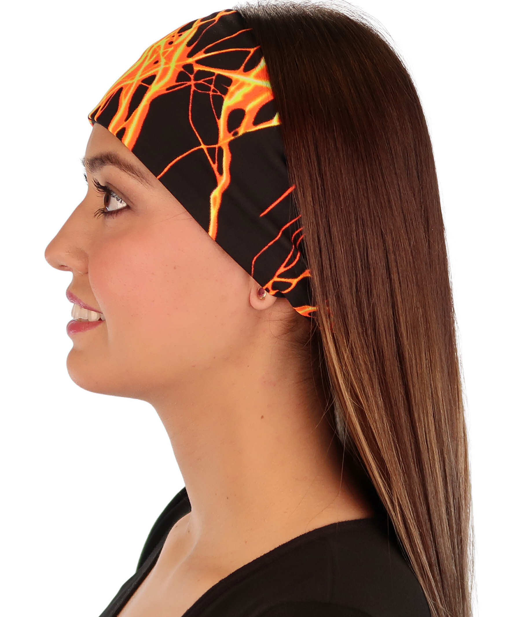 Reversible Stretch Headband – Stylish Comfortable & USA-Made - Orange & Yellow Lightning on Black Stretch Headbands