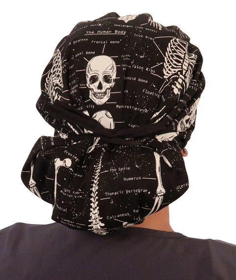 Designer Banded Bouffant Surgical Scrub Cap - Human Body Skeletons with Black Ties (Glow in the Dark) - Designer Banded Bouffant Surgical Scrub Caps - Sparkling EARTH