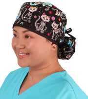 Big Hair Surgical Scrub Cap - X-Ray Cats with Black Ties