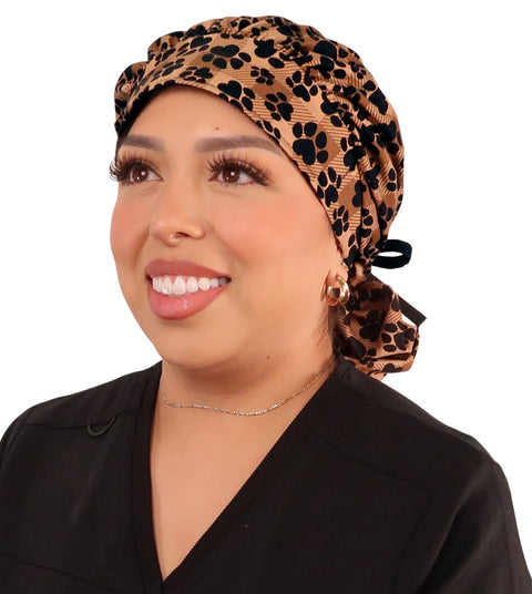 Banded Bouffant Surgical Scrub Cap - Plentiful Paws on Brown Plaid with Black Ties