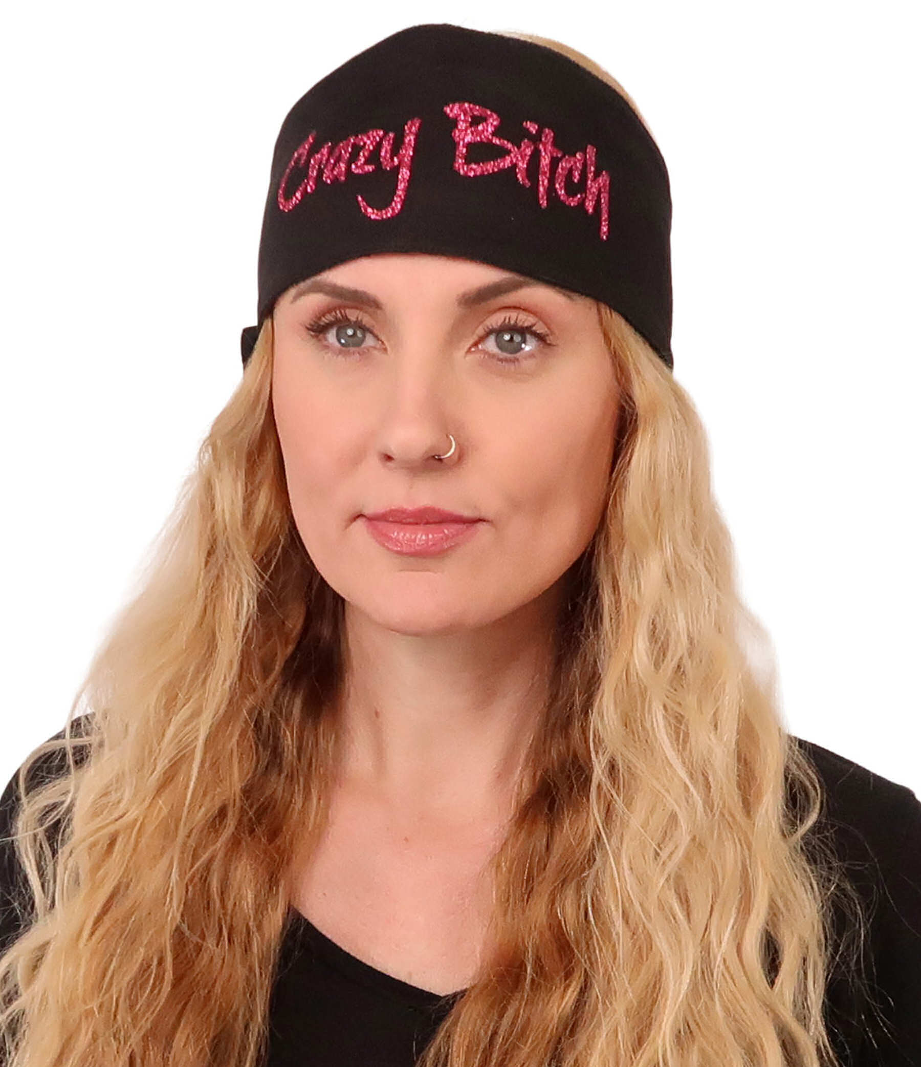 Embellished Chop Top - Glitter Pink Crazy Bitch on Black - Imported Chop Tops - Sparkling EARTH