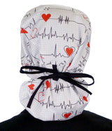 Big Hair Surgical Scrub Cap - Heartbeats on White with Black Ties