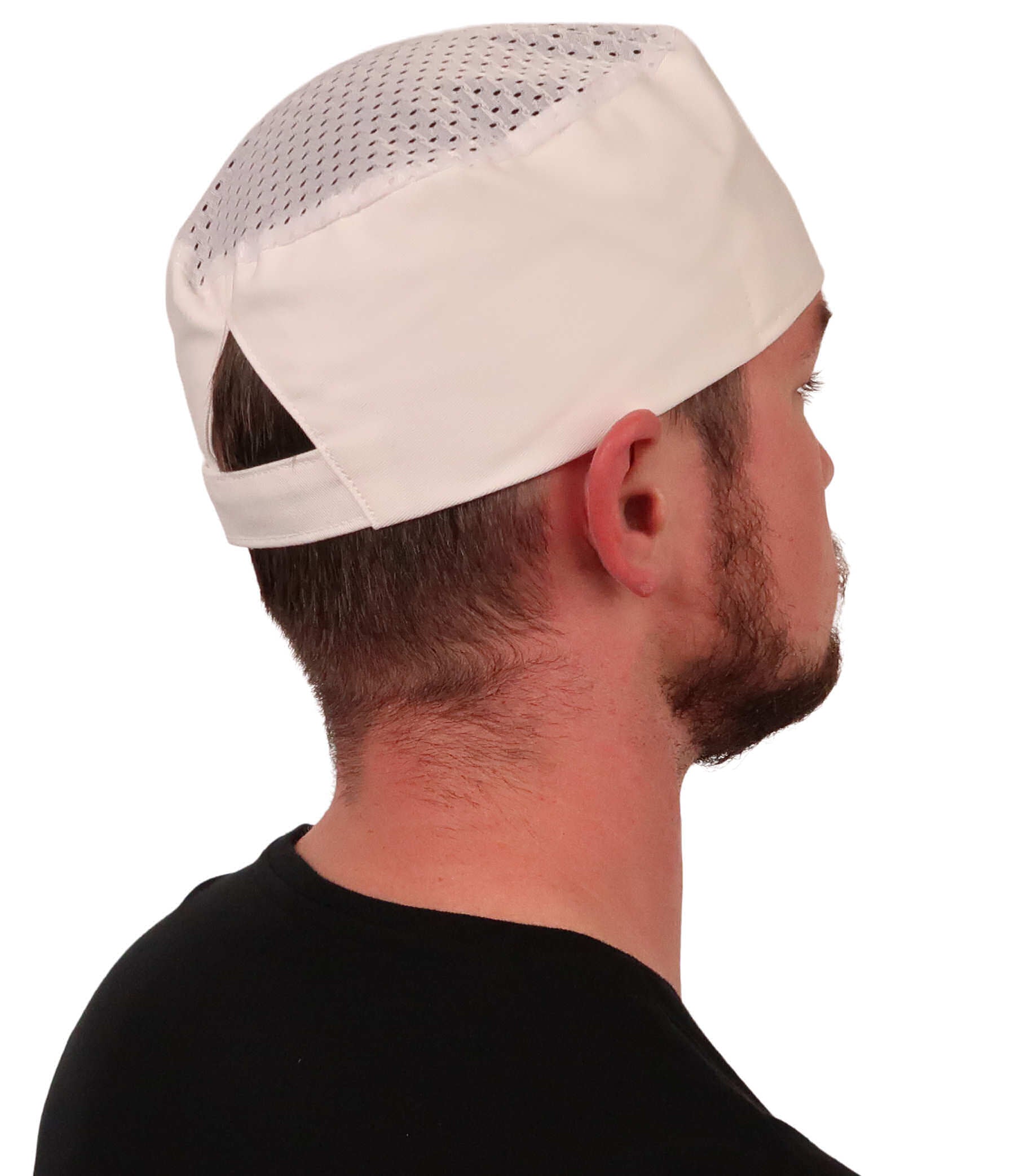 Classic White Cotton Chef Beanie – AirFlow Top Hook & Loop Closure - Made in USA - White Airflow Mesh with sweatband
