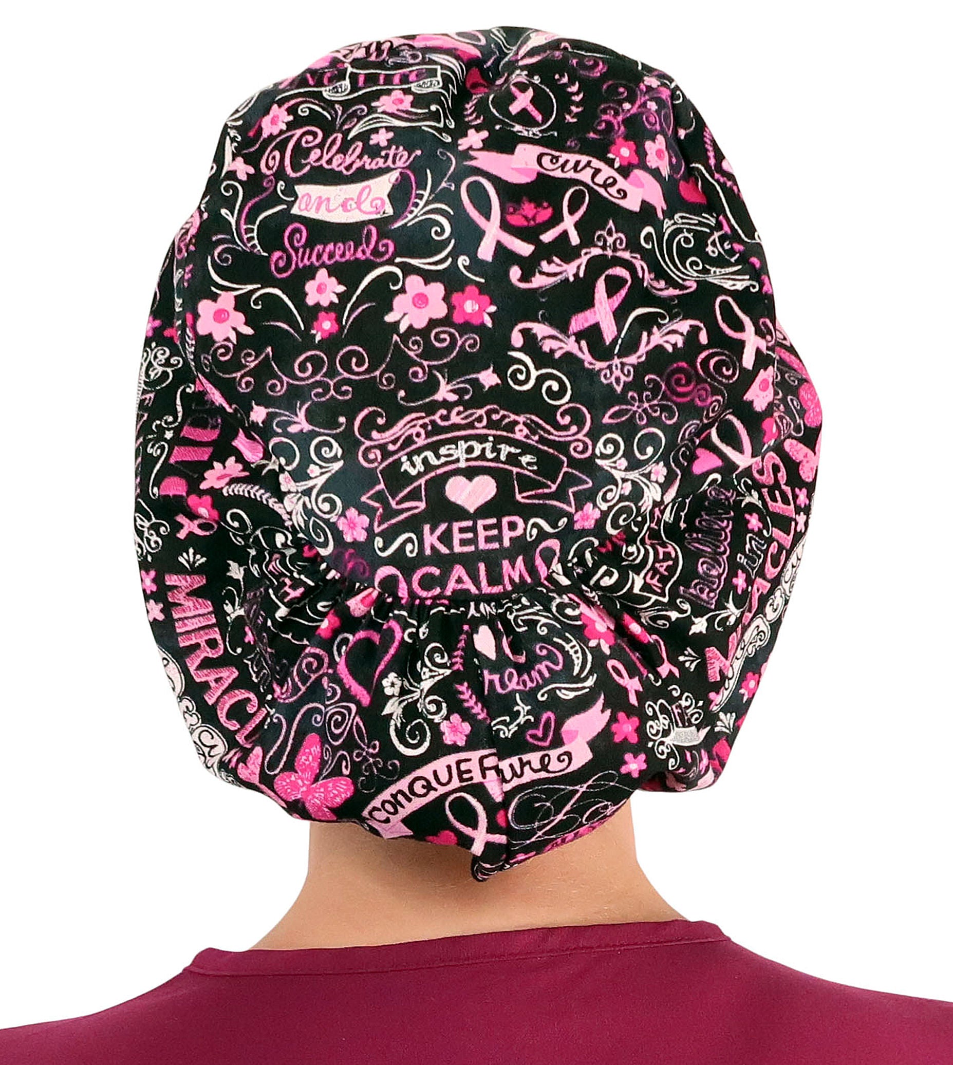 Euro Style Riley Comfort Scrub Cap - American Made - Pink Ribbon Collage - Riley Comfort Scrub Caps - Sparkling EARTH