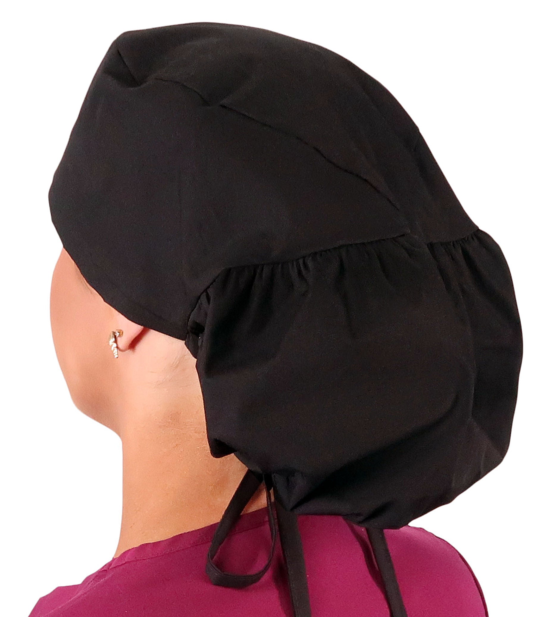 Big Hair Ponytail Surgical Scrub Cap - Perfect Scrub Cap for Long Hair - Solid Black