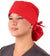 Front facing image of a woman in scrubs wearing a Red Big Hair Ponytail Scrub Cap and red ties to hold the scrub cap in place.