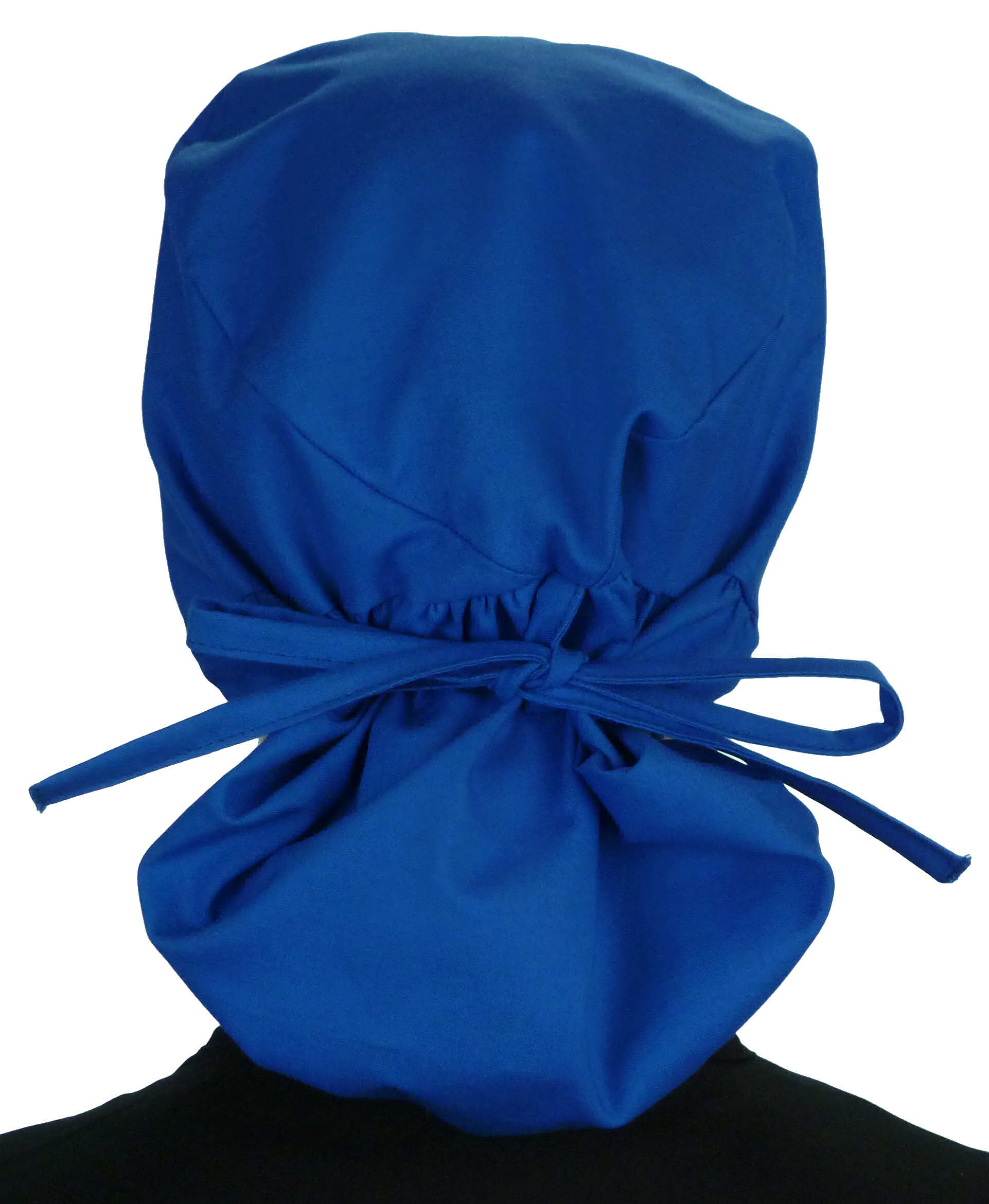 Big Hair Ponytail Scrub Cap for Long Hair - Three Monkeys Patch Right Side on Royal