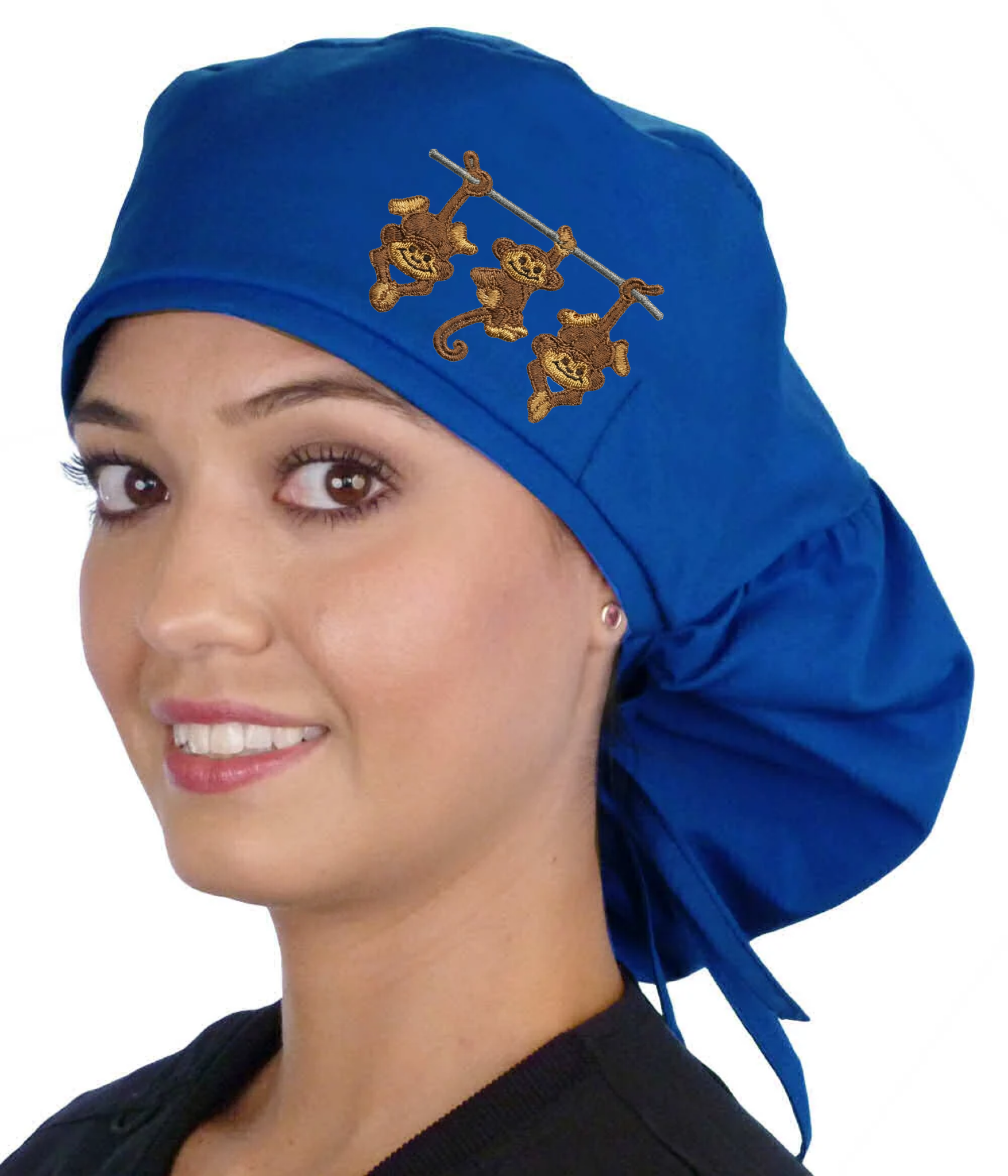 Big Hair Ponytail Scrub Cap for Long Hair - Three Monkeys Patch Left Side on Royal