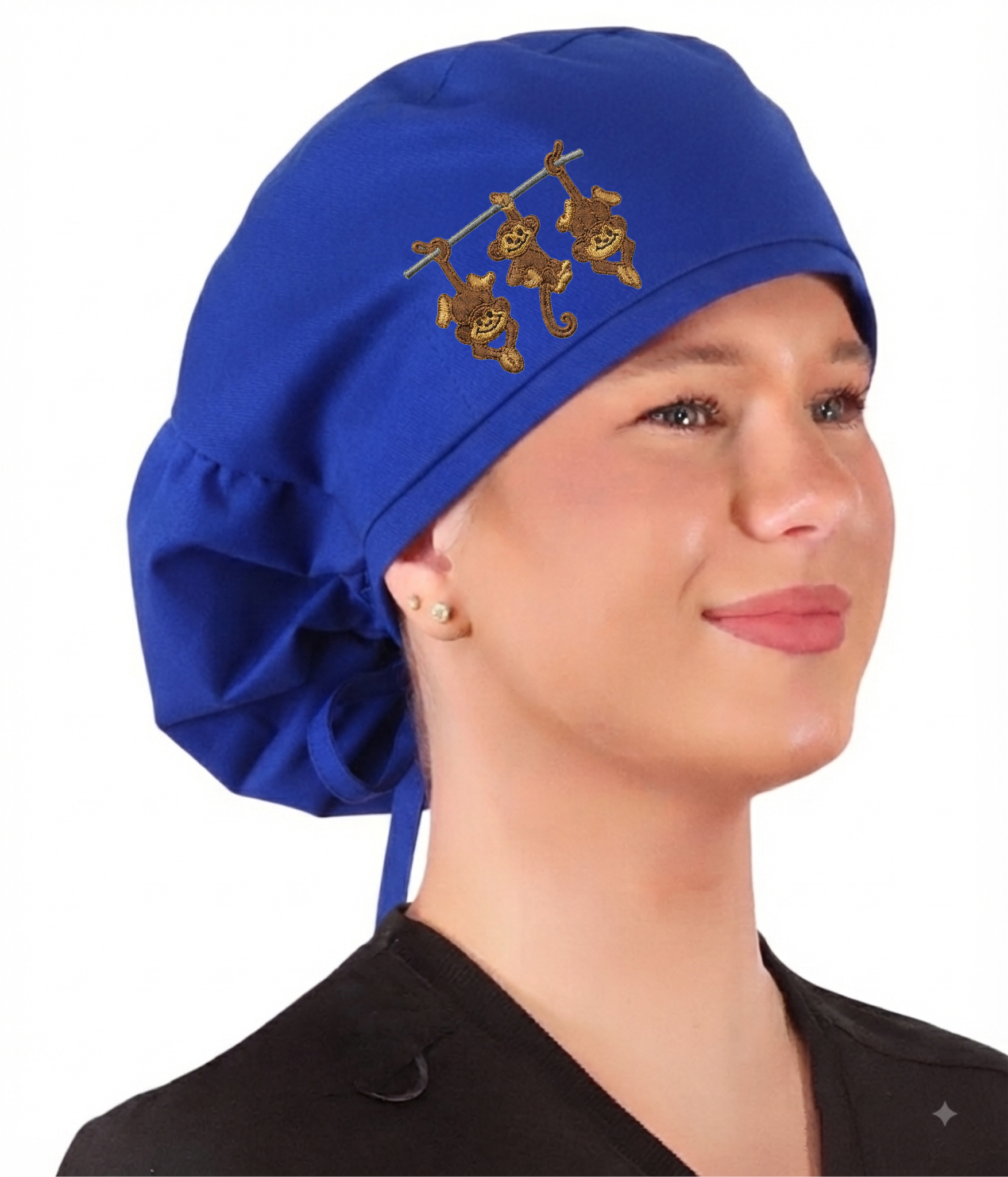 Big Hair Ponytail Scrub Cap for Long Hair - Three Monkeys Patch Right Side on Royal