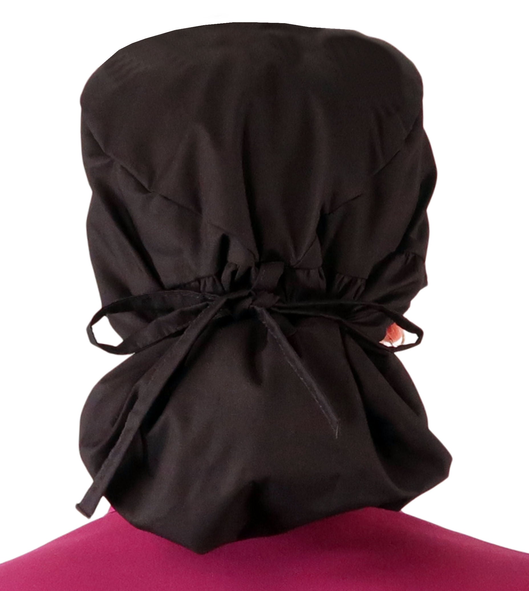 Back facing tied image of a woman in scrubs wearing a Big Hair Ponytail Scrub Cap with a Pink Butterfly Patch on Black.