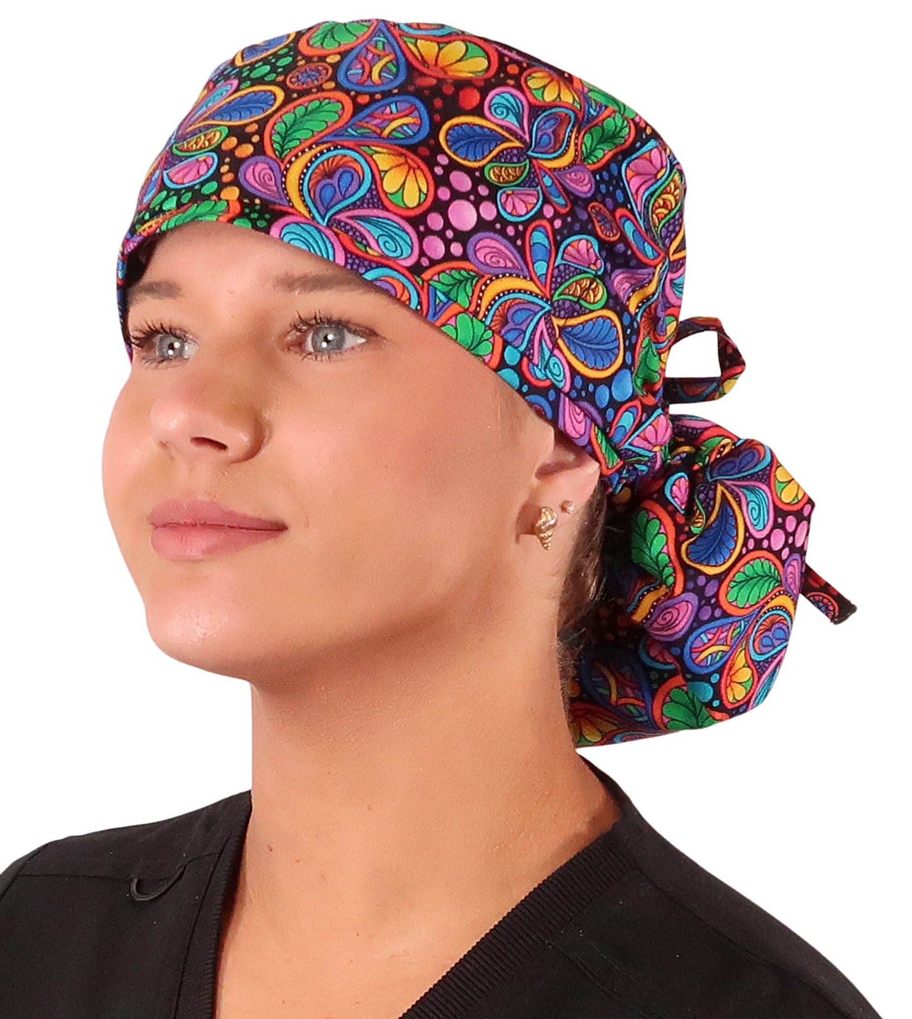 Big Hair Ponytail Surgical Scrub Cap - Perfect Scrub Cap for Long Hair - Bright Flower Paisley