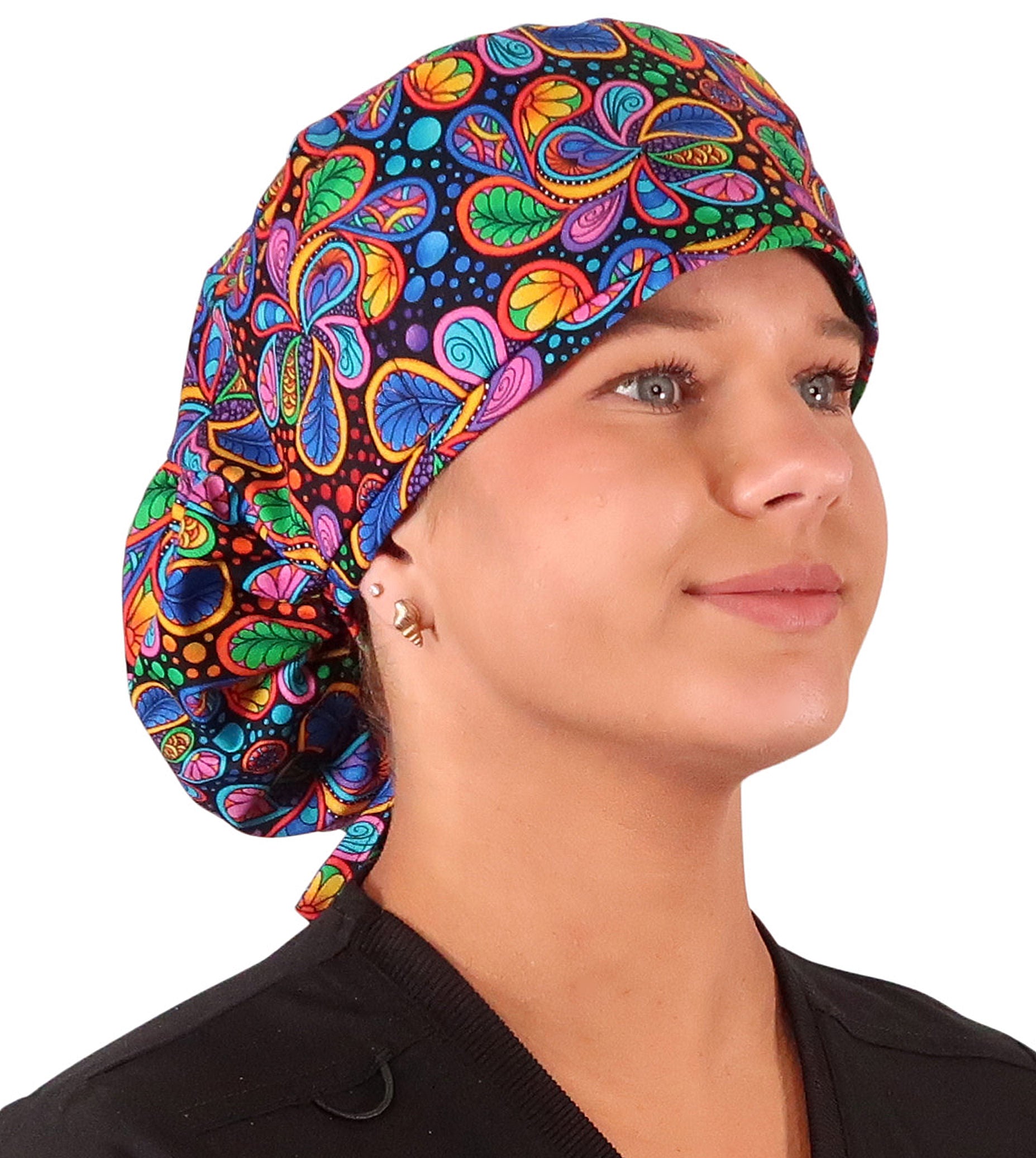 Big Hair Ponytail Surgical Scrub Cap - Perfect Scrub Cap for Long Hair - Bright Flower Paisley