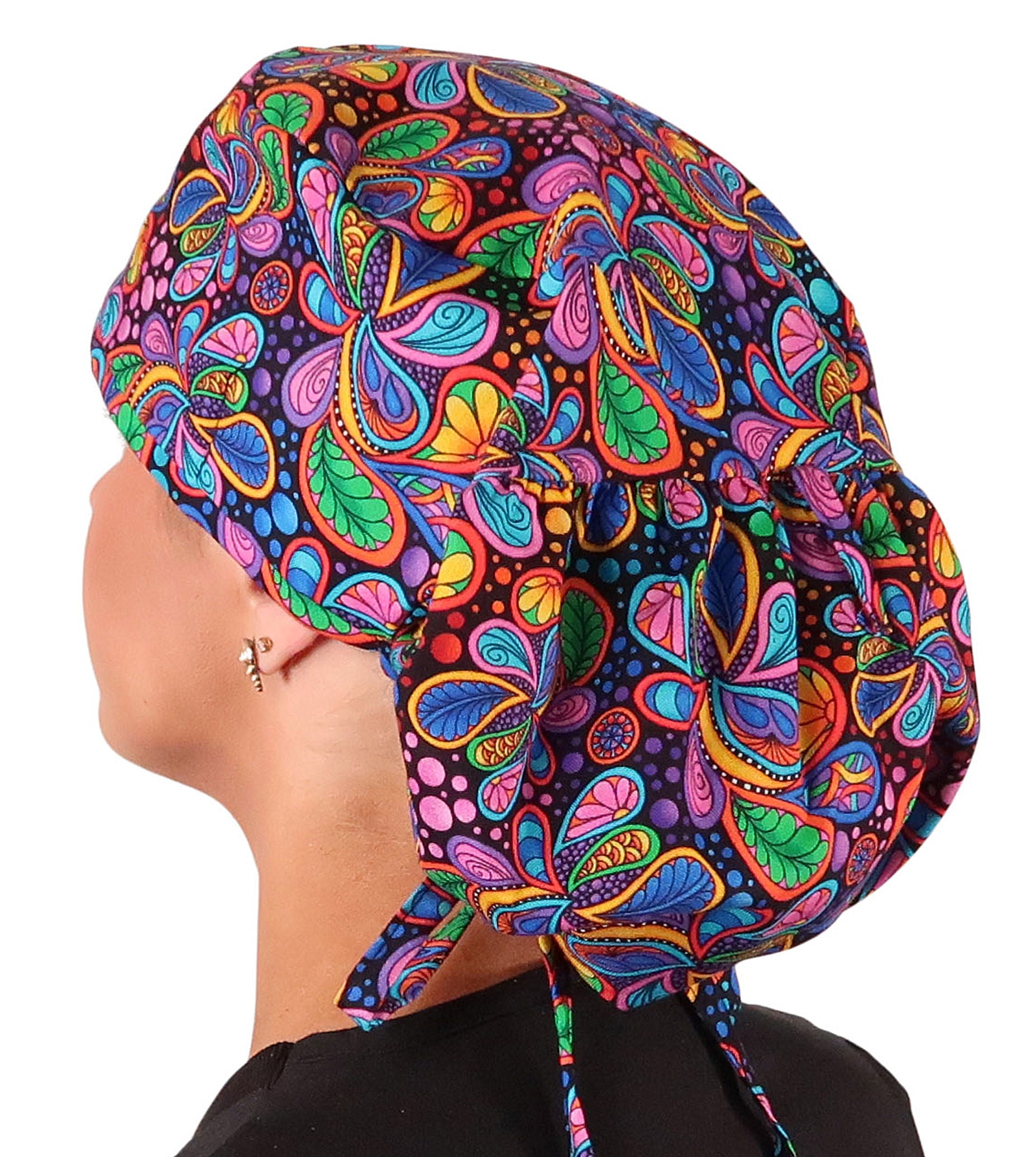 Big Hair Ponytail Surgical Scrub Cap - Perfect Scrub Cap for Long Hair - Bright Flower Paisley