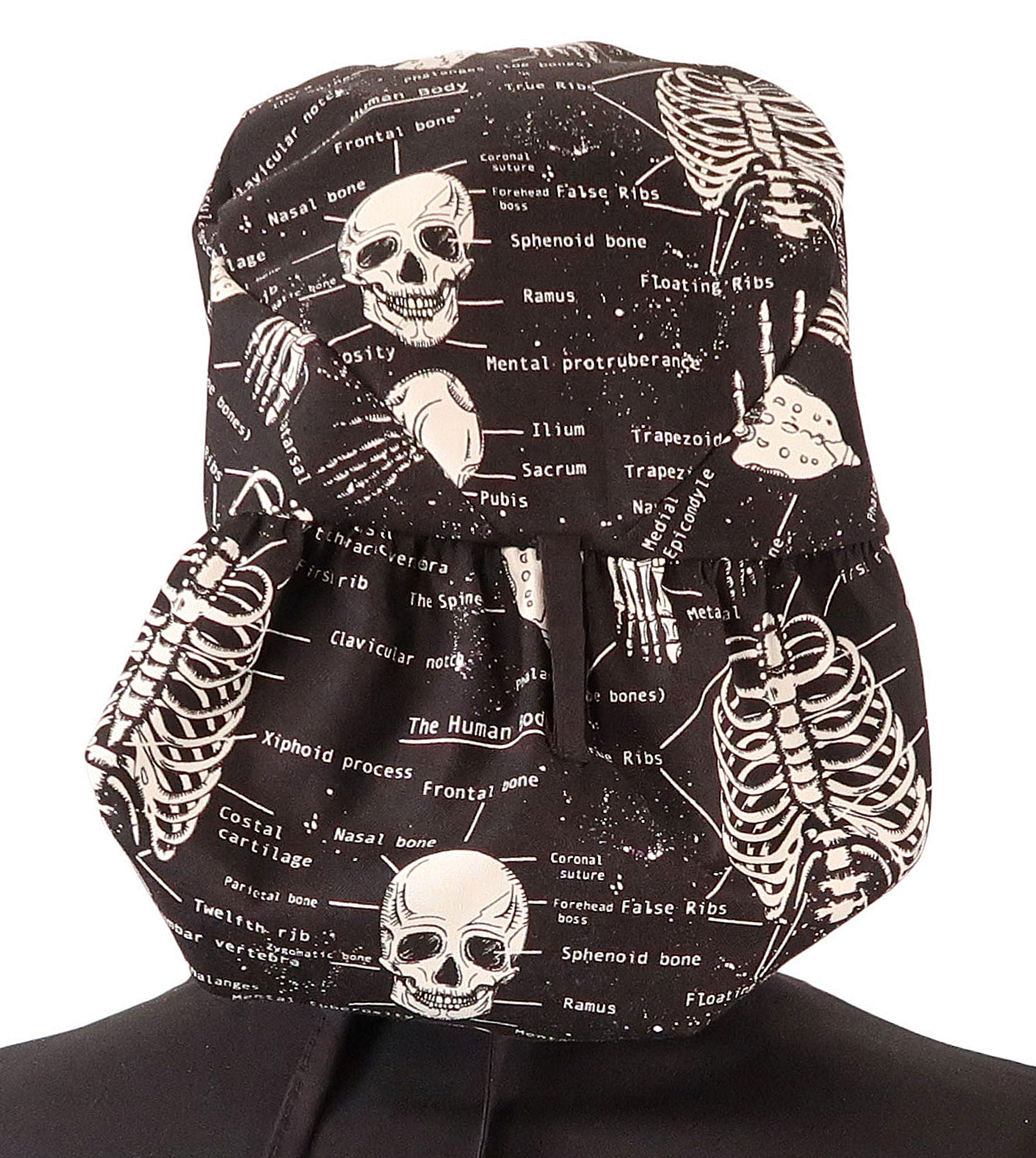 Big Hair Ponytail Scrub Cap - Human Body Skeleton with Black Ties (Glow In The Dark)