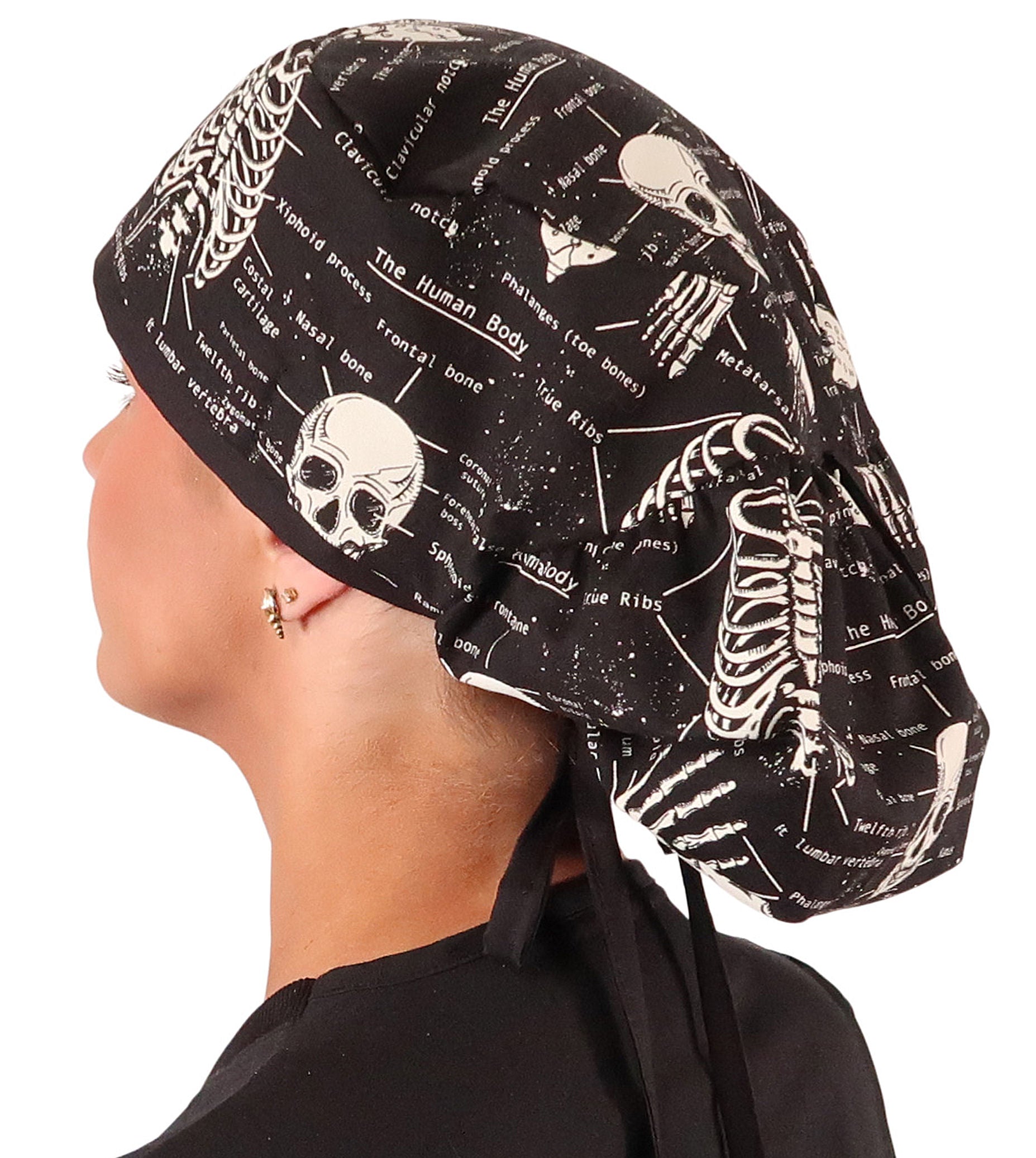 Big Hair Ponytail Scrub Cap - Human Body Skeleton with Black Ties (Glow In The Dark)