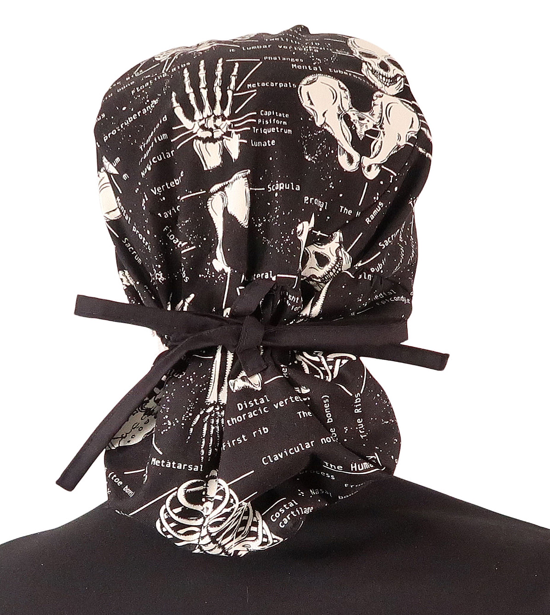 Big Hair Ponytail Scrub Cap - Human Body Skeleton with Black Ties (Glow In The Dark)