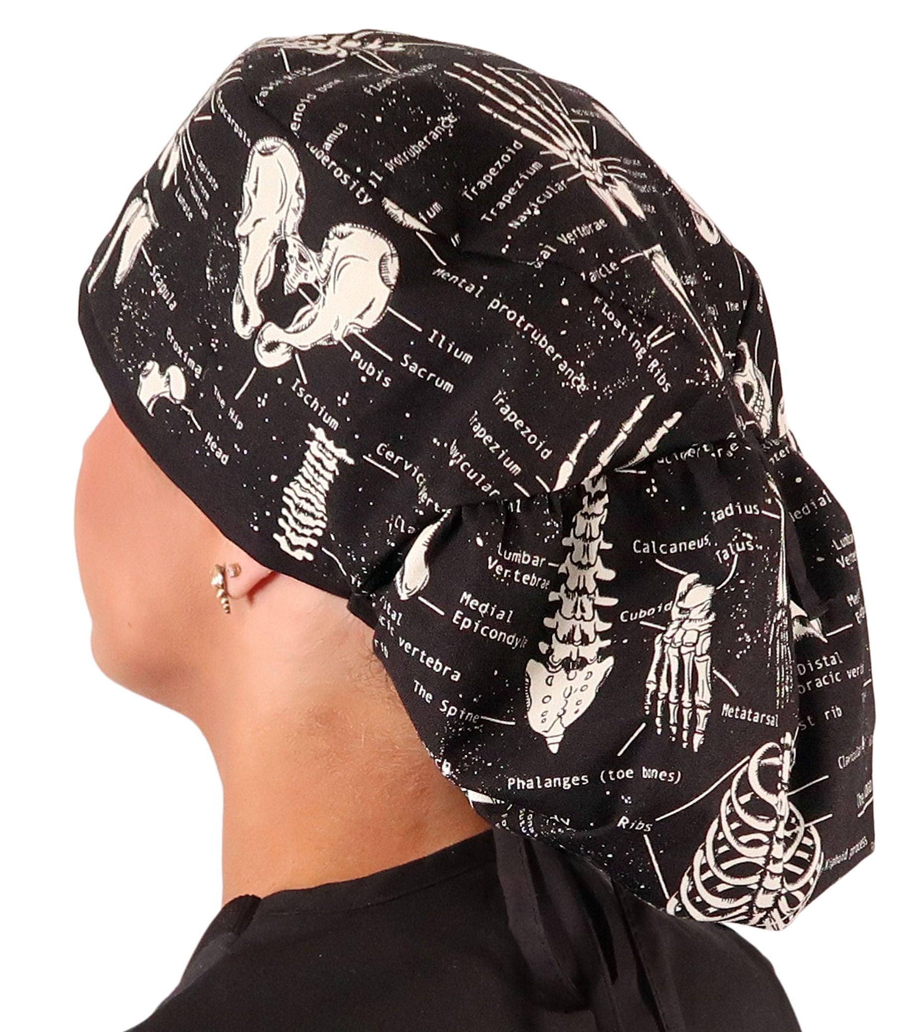 Big Hair Ponytail Scrub Cap - Human Body Skeleton with Black Ties (Glow In The Dark)