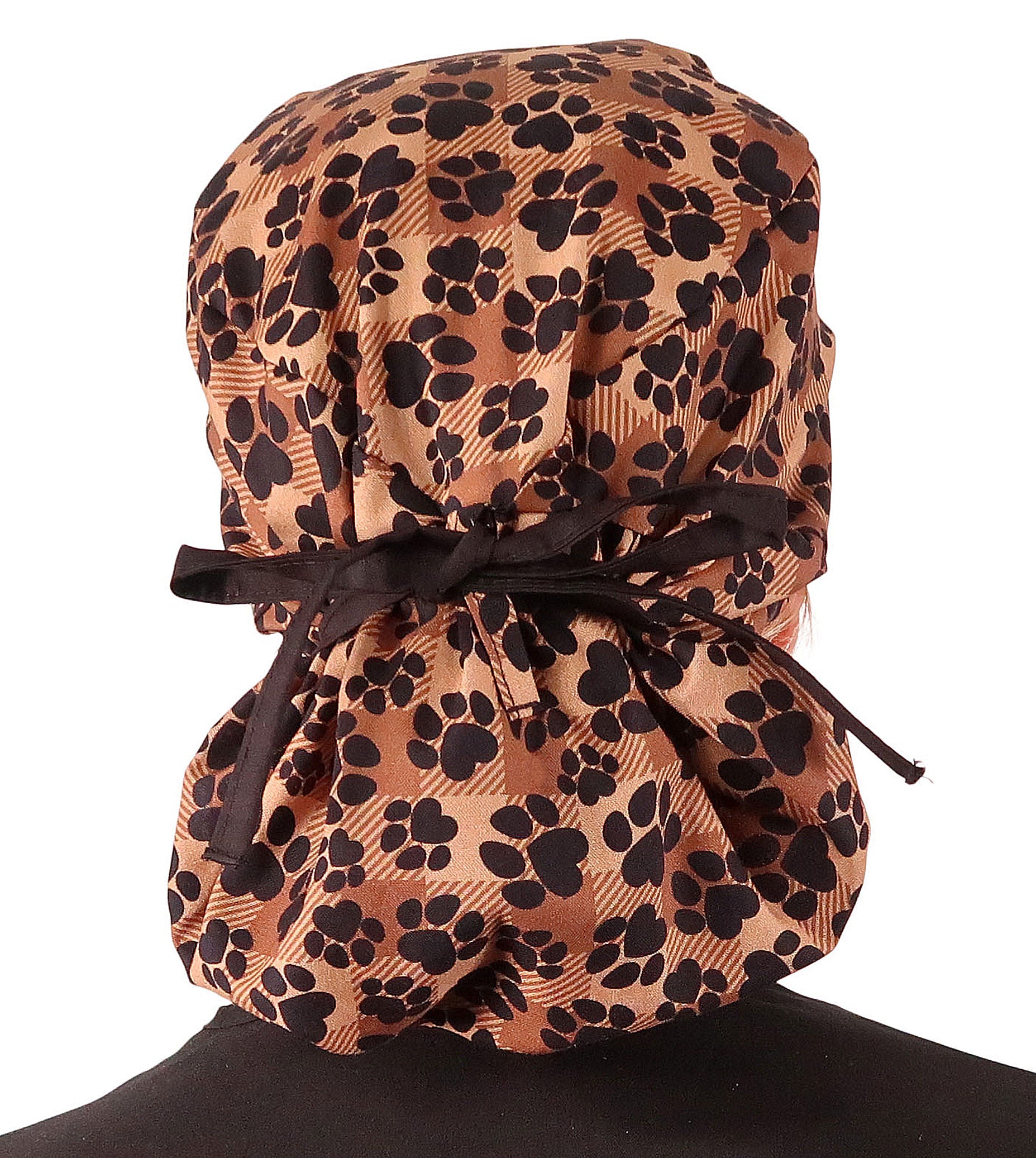 Back Tied Big Hair Ponytail Surgical Scrub Cap - Scrub Cap for Long Hair - Plentiful Pas on Brown Plaid with Black Ties Big Hair Surgical Scrub