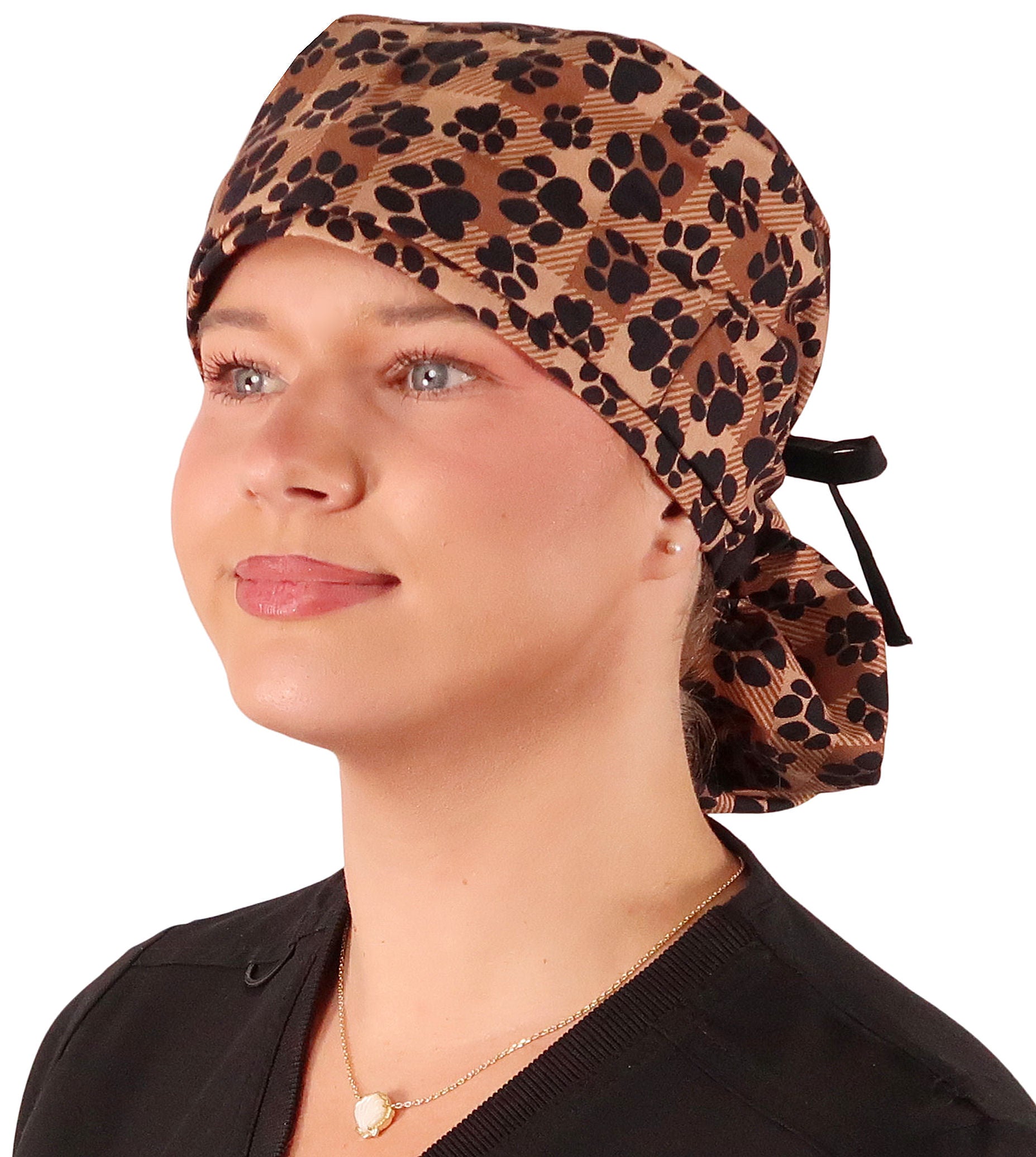 Front Tied Big Hair Ponytail Surgical Scrub Cap - Scrub Cap for Long Hair - Plentiful Pas on Brown Plaid with Black Ties Big Hair Surgical Scrub