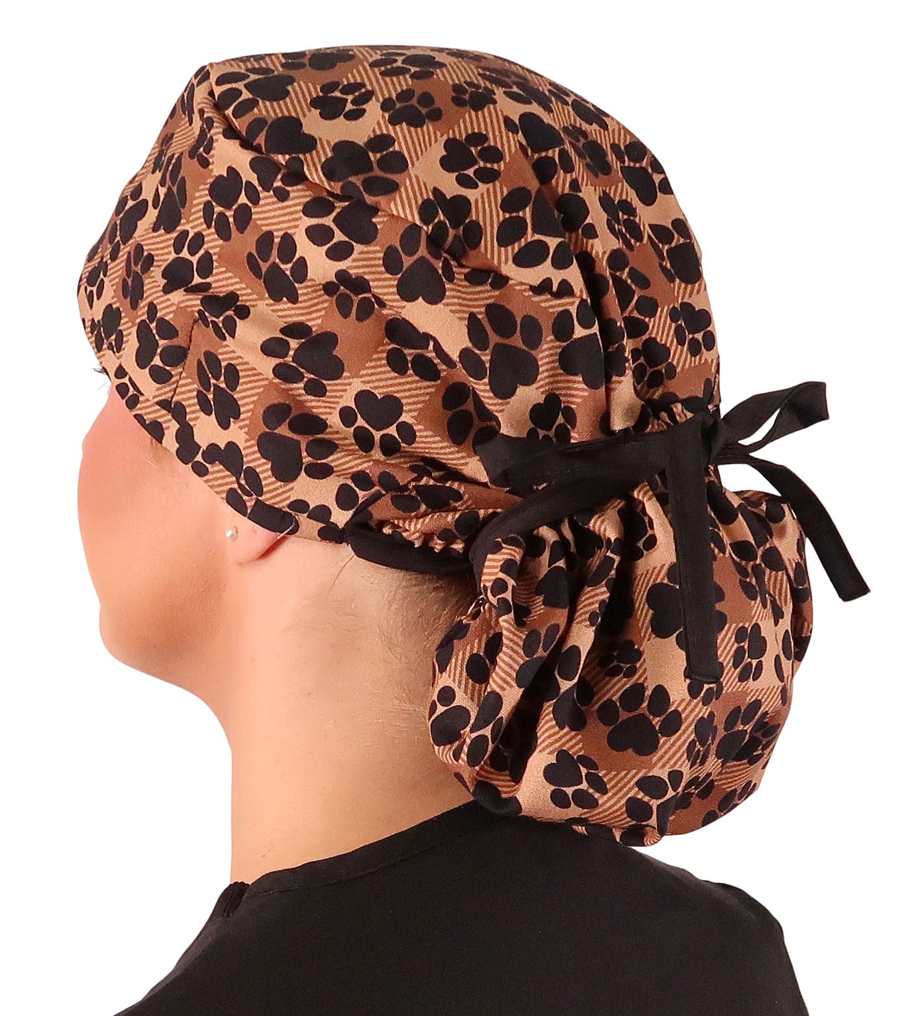 Side Tied Big Hair Ponytail Surgical Scrub Cap - Scrub Cap for Long Hair - Plentiful Pas on Brown Plaid with Black Ties Big Hair Surgical Scrub