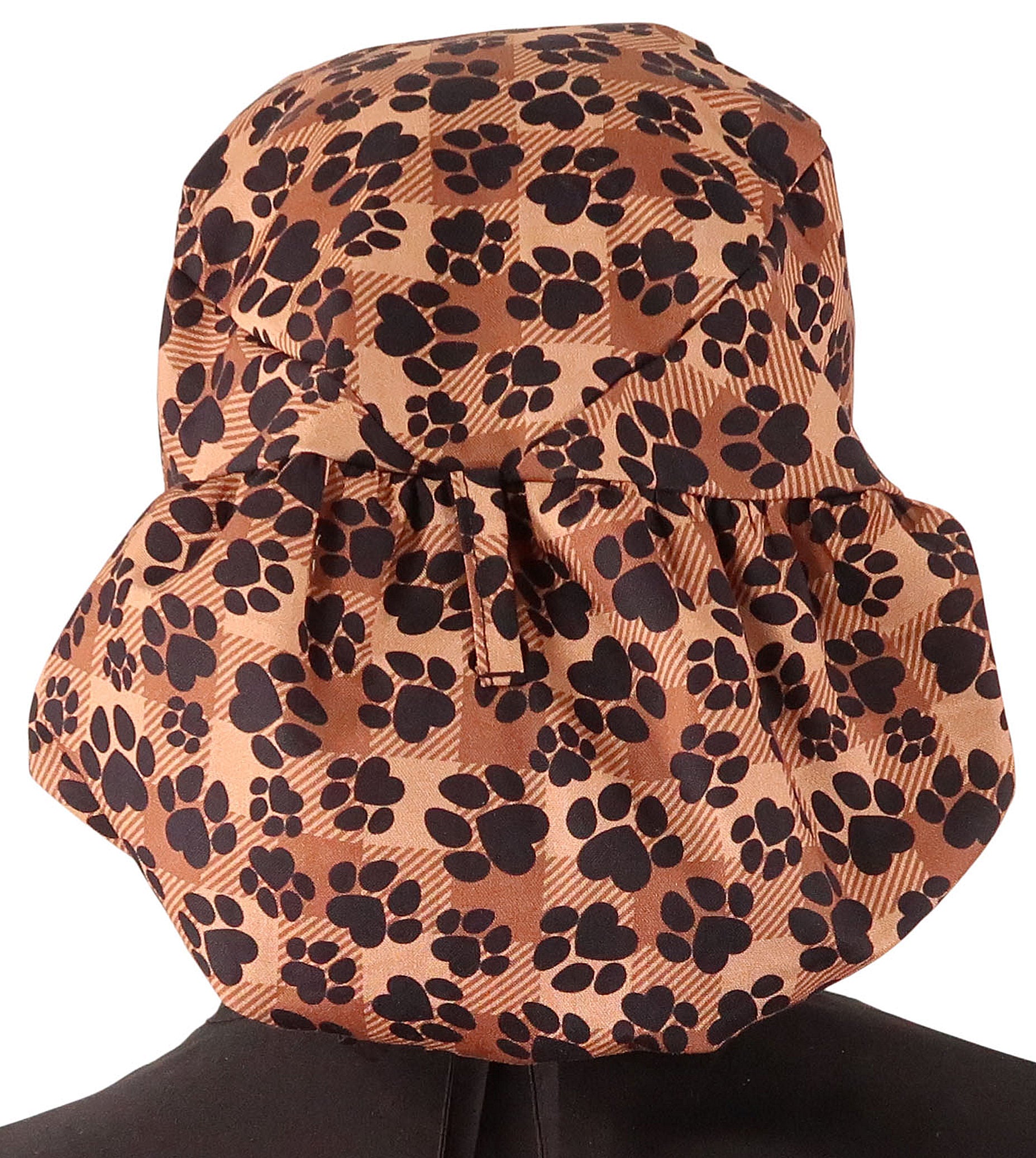 Back Untied Big Hair Ponytail Surgical Scrub Cap - Scrub Cap for Long Hair - Plentiful Pas on Brown Plaid with Black Ties Big Hair Surgical Scrub