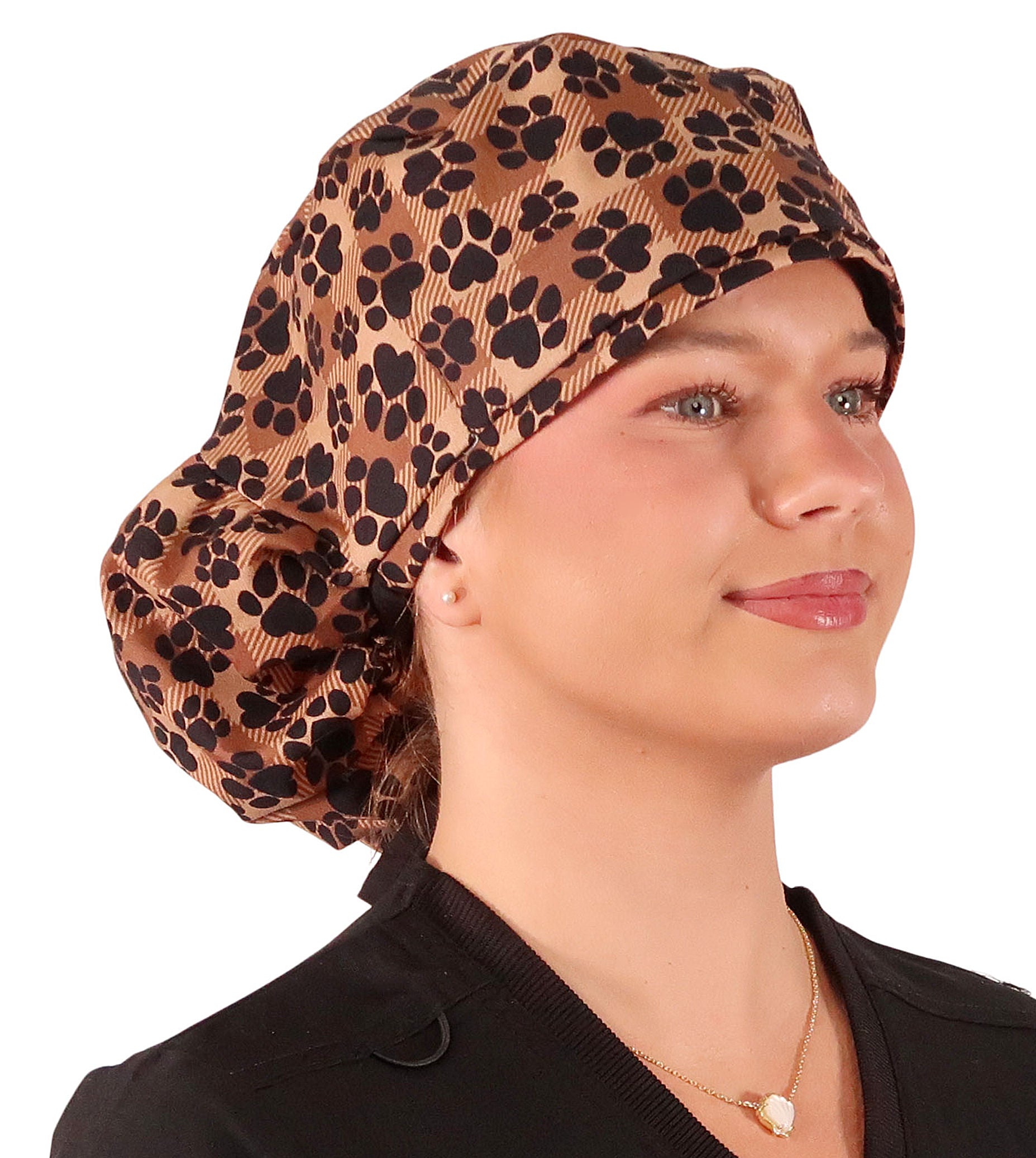 Front Untied Big Hair Ponytail Surgical Scrub Cap - Scrub Cap for Long Hair - Plentiful Pas on Brown Plaid with Black Ties Big Hair Surgical Scrub