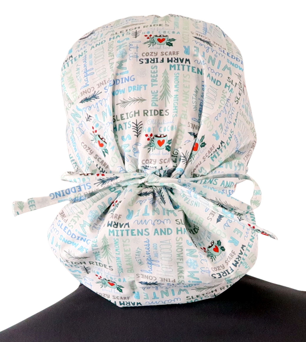 Back facing tied image of a woman in scrubs wearing a Big Hair Ponytail Scrub Cap with a Wonderful Winter Words pattern.