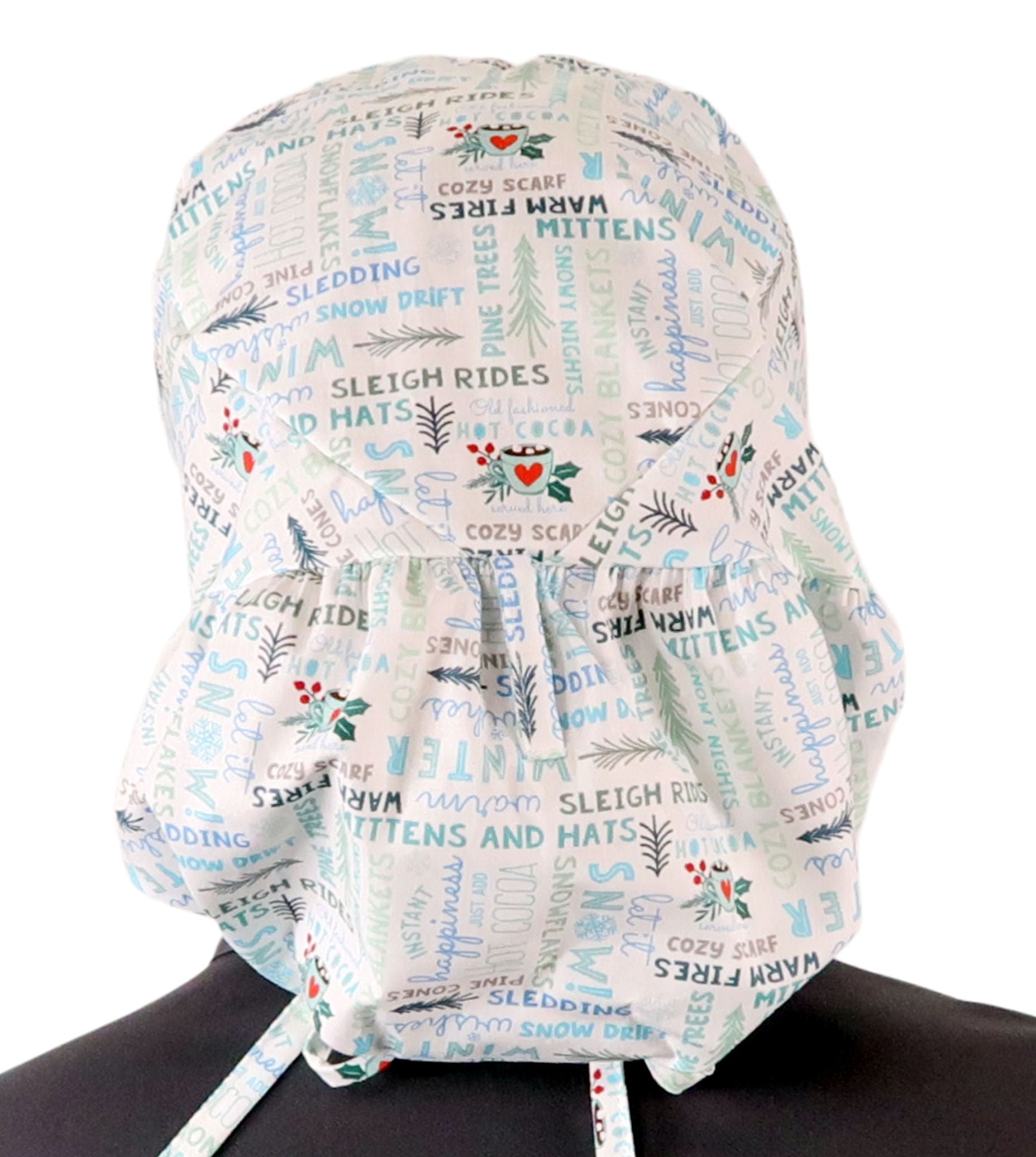 Back facing untied image of a woman in scrubs wearing a Big Hair Ponytail Scrub Cap with a Wonderful Winter Words pattern.