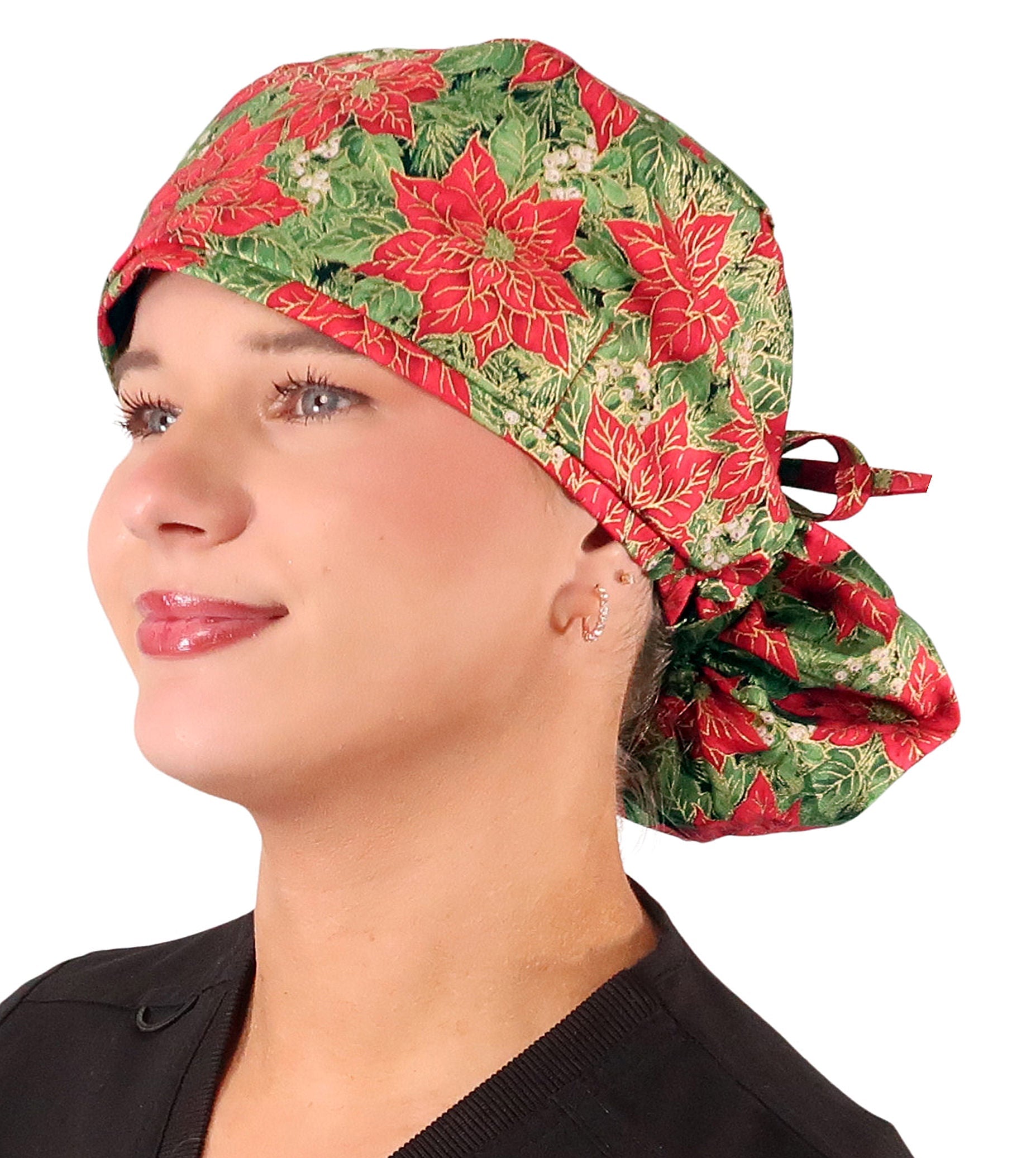 Big Hair Ponytail Surgical Scrub Cap - Scrub Cap for Long Hair - Golden Metallic Poinsettias Big Hair Ponytail Surgical