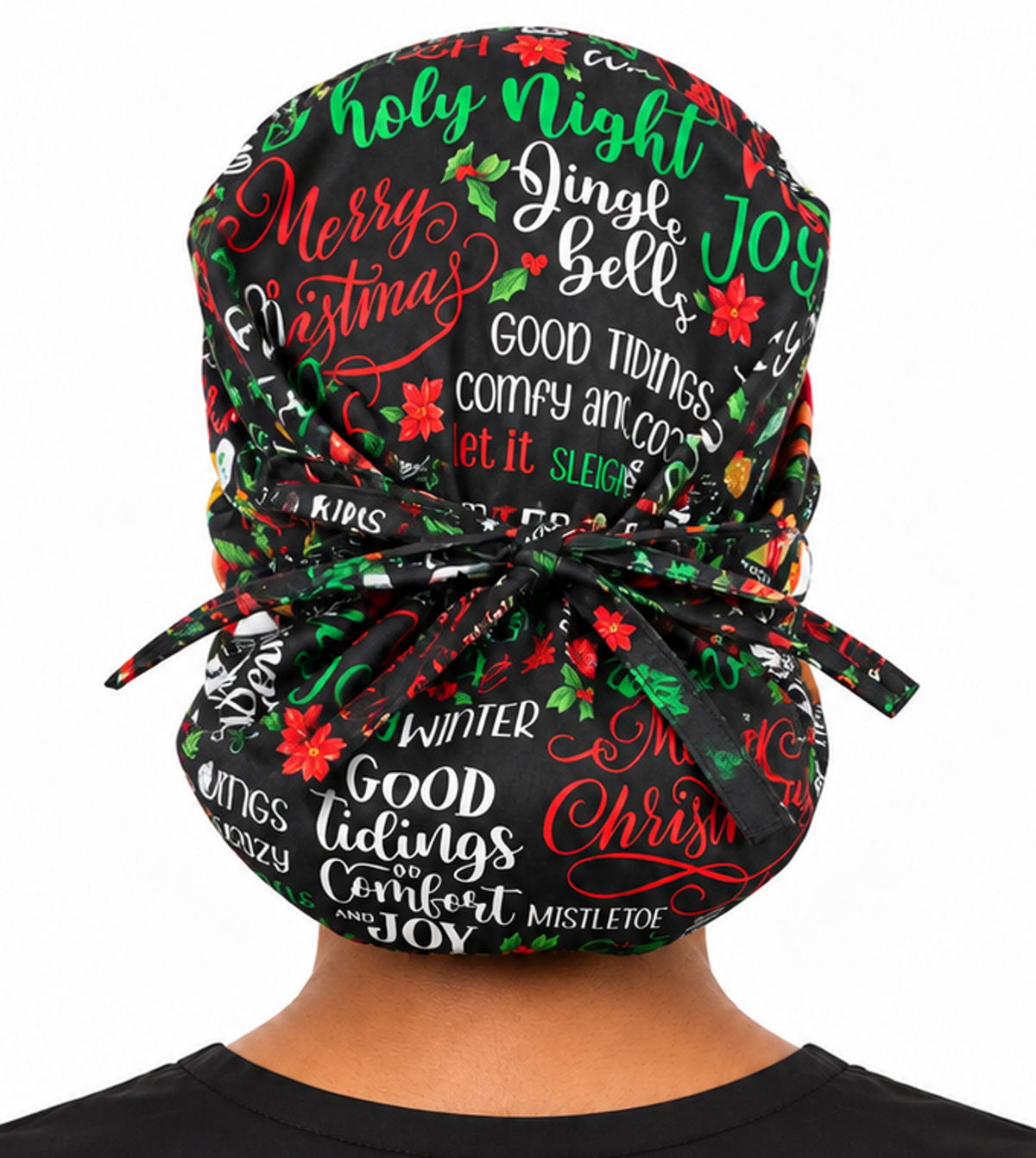 Back facing tied image of a woman in scrubs wearing a Big Hair Ponytail Scrub Cap with a Holly Jolly Words pattern.