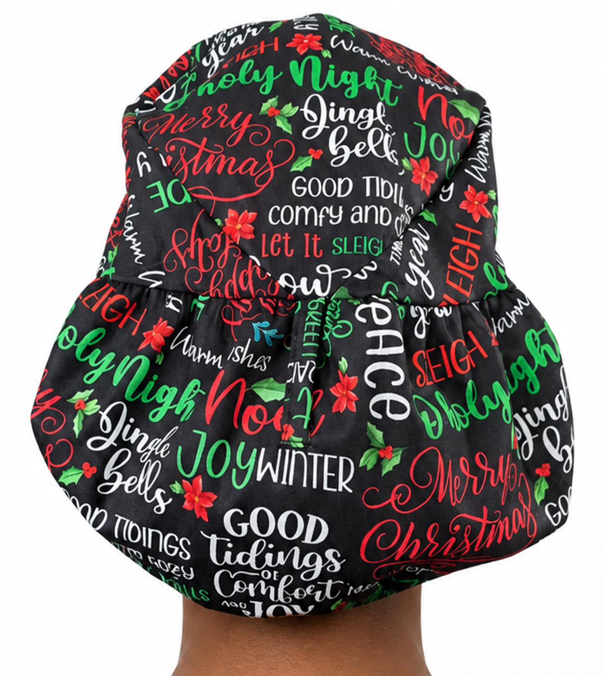 Back facing Untied image of a woman in scrubs wearing a Big Hair Ponytail Scrub Cap with a Holly Jolly Words pattern.