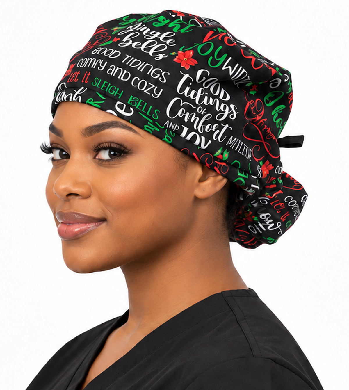 Front facing tied image of a woman in scrubs wearing a Big Hair Ponytail Scrub Cap with a Holly Jolly Words pattern.