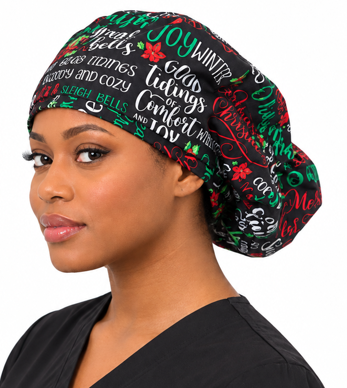 Front facing Untied image of a woman in scrubs wearing a Big Hair Ponytail Scrub Cap with a Holly Jolly Words pattern.