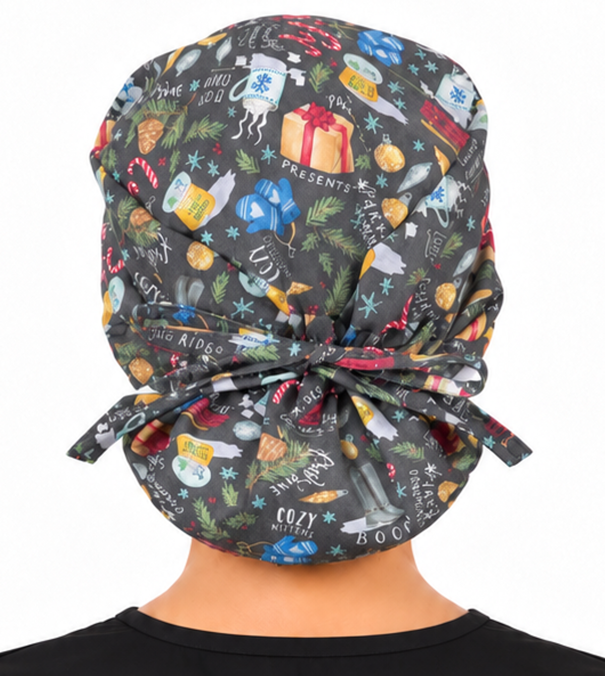 Back facing tied image of a woman in scrubs wearing a Big Hair Ponytail Scrub Cap with a Festive Favorites pattern.