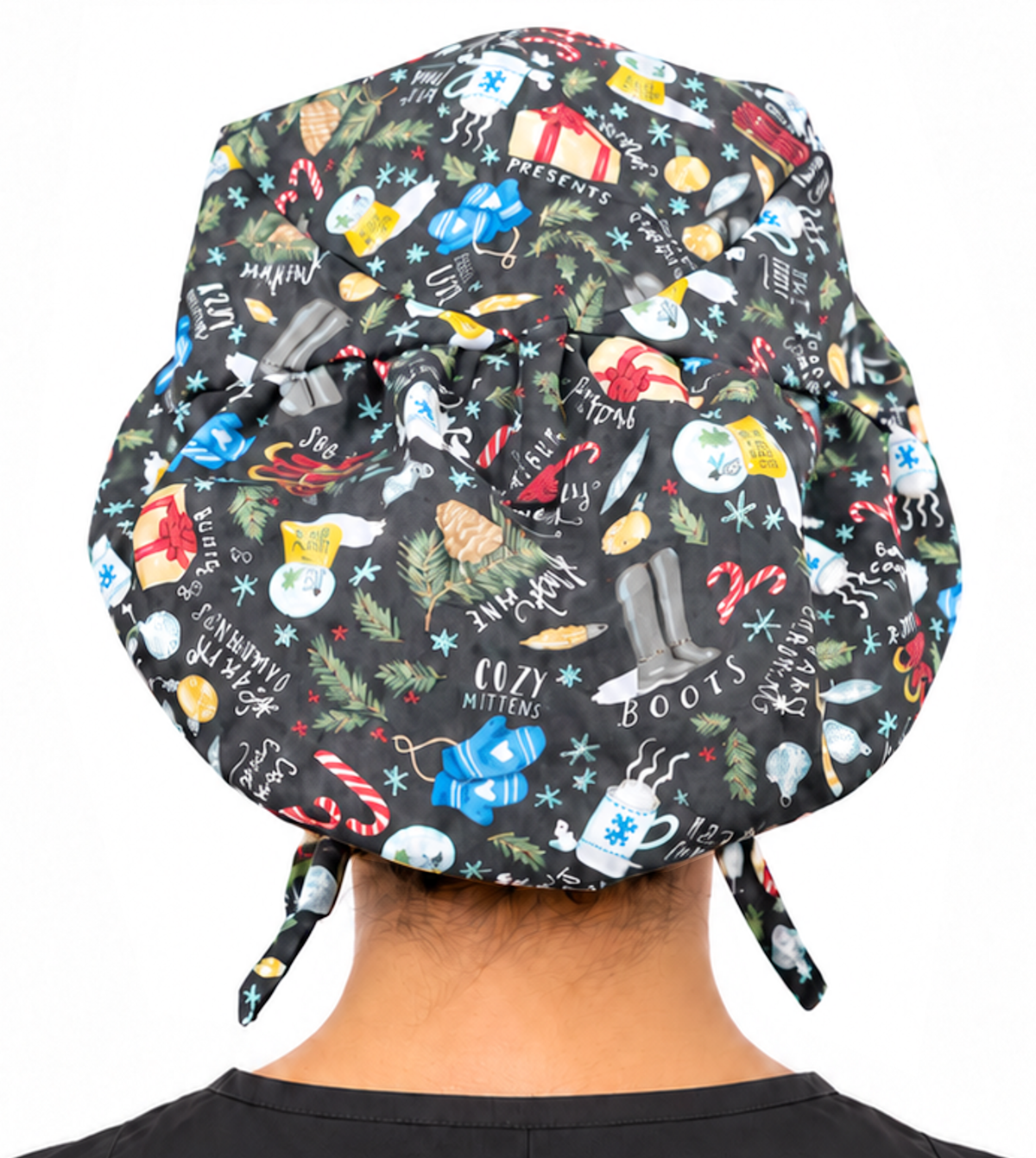 Back facing untied image of a woman in scrubs wearing a Big Hair Ponytail Scrub Cap with a Festive Favorites pattern.